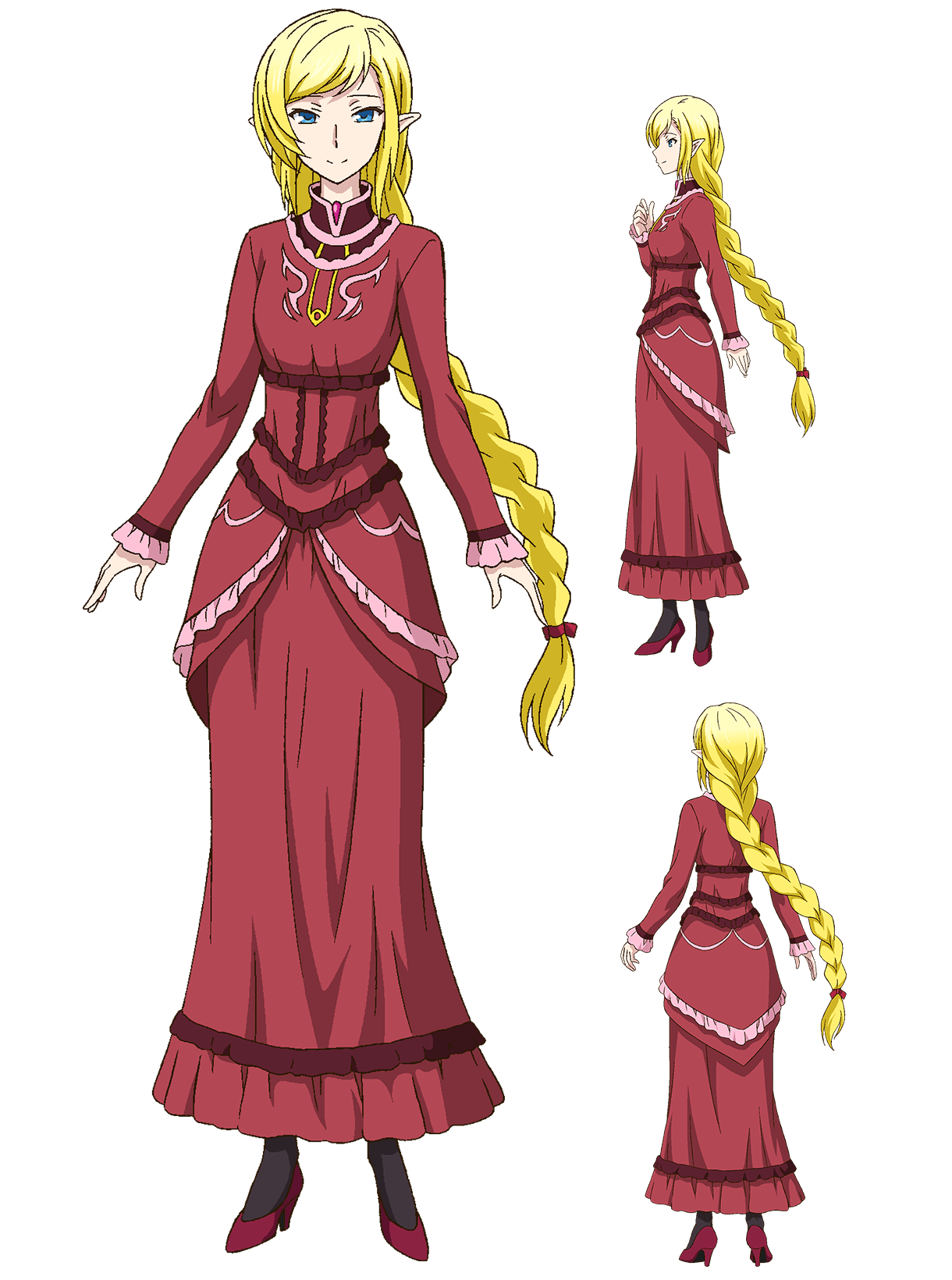 masudate toshihide, leadale no daichi nite, from back, highres, official art, 3girls, anime coloring, black pantyhose, blonde hair, braid, braided ponytail, closed mouth, collared dress, dress, elf, from side, full body, green eyes, hand up, high heels, long dress, long hair, long sleeves, looking at viewer, mai-mai (leadale no daichi nite), multiple girls, multiple views, pantyhose, pointy ears, profile, red dress, simple background, smile, standing, transparent background, very long hair
