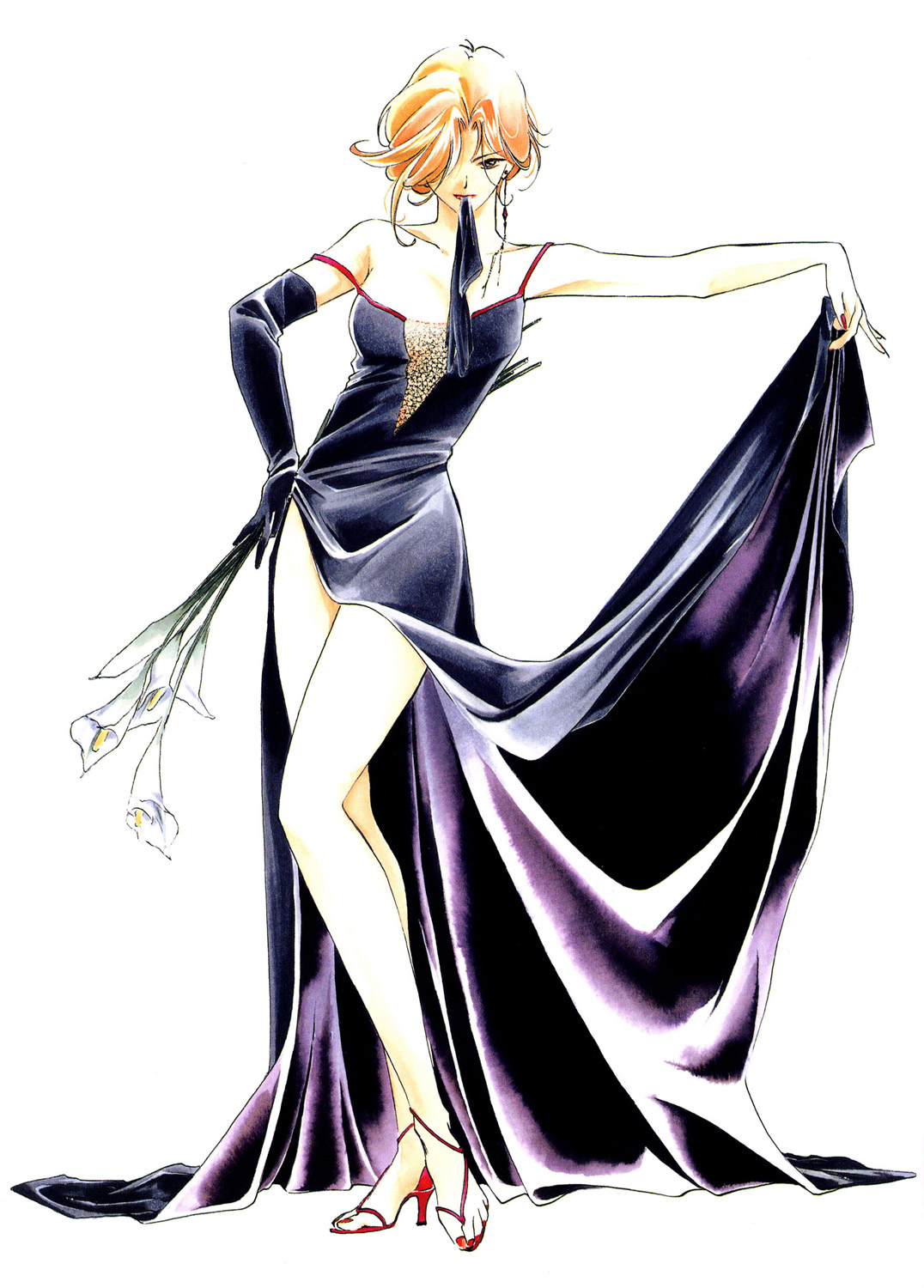 kakinouchi narumi, yakushiji ryouko, yakushiji ryouko no kaiki jikenbo, red footwear, highres, 1girl, black dress, black gloves, bouquet, brown eyes, dress, earrings, elbow gloves, female focus, fingernails, flower, full body, gloves, hair over one eye, hand on own hip, high heel sandals, high heels, jewelry, lace, legs, lipstick, long dress, looking at viewer, makeup, mouth hold, nail polish, orange hair, outstretched arm, red lips, red nails, sandals, shoes, short hair, side slit, simple background, single elbow glove, skirt hold, sleeveless, sleeveless dress, solo, standing, strap slip, toenail polish, toenails, white background