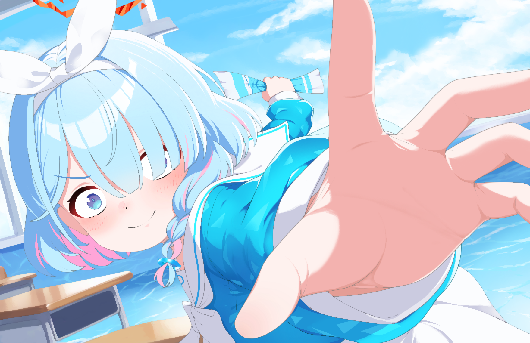 didac fantasy, arona (blue archive), blue archive, chinese commentary, commentary request, highres, 1girl, blue eyes, blue hair, blue shirt, closed mouth, colored inner hair, halo, incoming attack, incoming punch, long sleeves, looking at viewer, meme, multicolored hair, pepe punch (meme), pink hair, puffy long sleeves, puffy sleeves, punching, red halo, sailor collar, shirt, smile, solo, v-shaped eyebrows, white sailor collar, wide-eyed