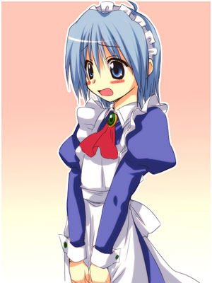 satomi yoshitaka, ayasaki hayate, hayate no gotoku!, lowres, 00s, 1boy, apron, ascot, blue eyes, blue hair, crossdressing, crossdressing (mtf), dress, juliet sleeves, long sleeves, maid, maid apron, male focus, male maid, matching hair/eyes, puffy sleeves, solo, trap