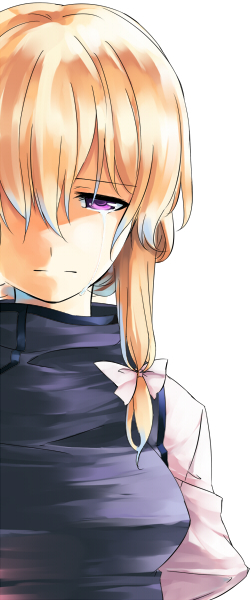 sakuraba yuuki, yakumo yukari, touhou, 1girl, blonde hair, bow, female focus, hair bow, purple eyes, solo, tears