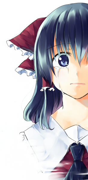 sakuraba yuuki, hakurei reimu, touhou, eyebrows, 1girl, ascot, black hair, blue eyes, bow, closed mouth, crying, crying with eyes open, female focus, hair between eyes, hair bow, hair tubes, light frown, red bow, solo, streaming tears, tears, upper body, white background