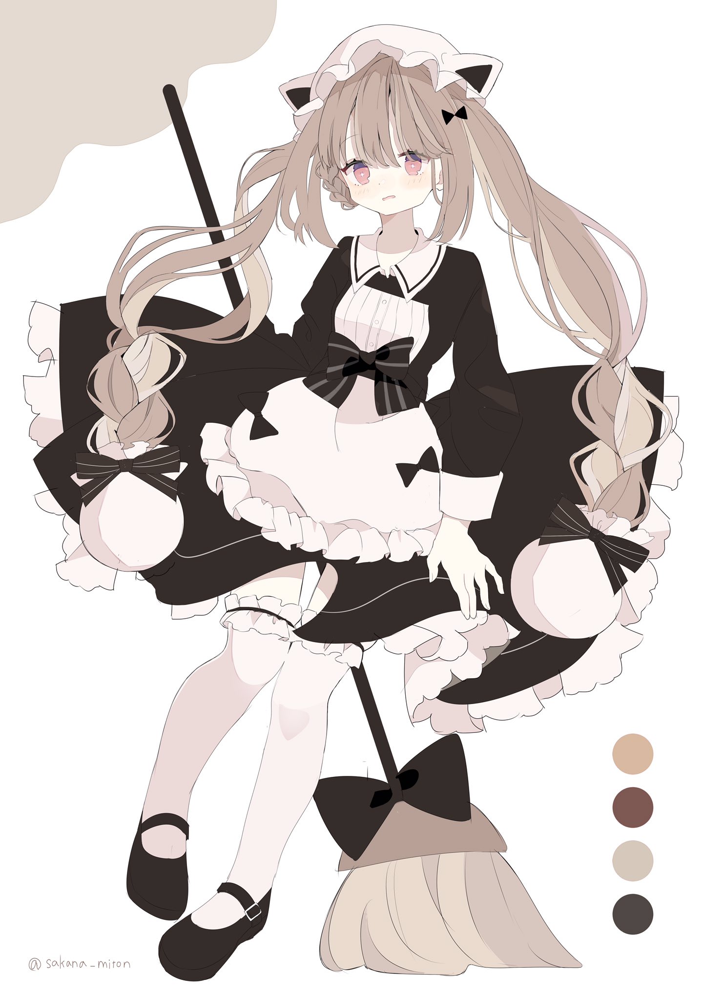 sakana-miton, nokko-chan, mahou shoujo ikusei keikaku, mahou shoujo ikusei keikaku restart, highres, 1girl, apron, black bow, black bowtie, blush, bow, bowtie, braid, broom, dress, frilled dress, frilled thighhighs, frills, grey hair, long hair, looking at viewer, magical girl, maid, maid headdress, pink eyes, shoes, thighhighs, twintails, very long hair, white background, white thighhighs