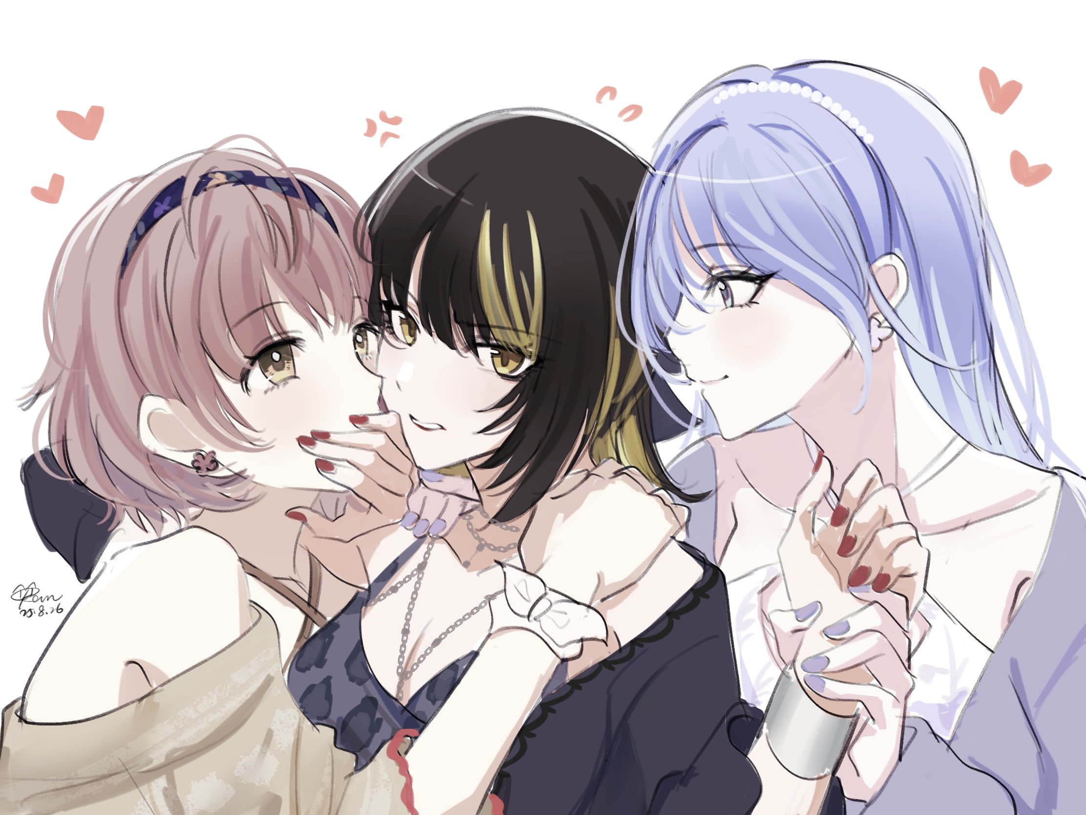 kevn, ikaruga luca, ikuta haruki, suzuki hana, idolmaster, idolmaster shiny colors, highres, 3girls, anger vein, black hair, blonde hair, blue hair, blush, breasts, brown hair, cleavage, collarbone, cometik (idolmaster), dated, fingernails, flying sweatdrops, heart, holding another's wrist, jewelry, medium breasts, multicolored hair, multiple girls, nail polish, necklace, rejected kiss, signature, smile, streaked hair, two-tone hair, upper body, yuri