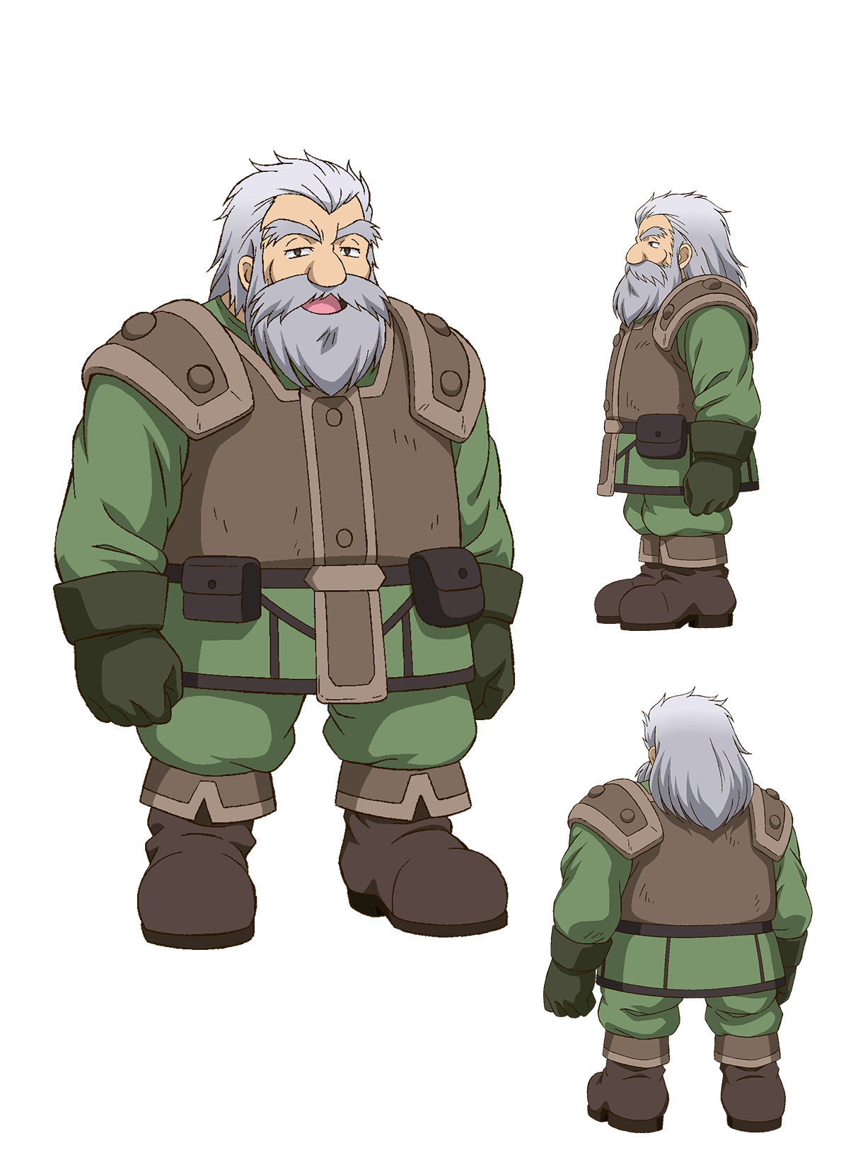 masudate toshihide, leadale no daichi nite, from back, highres, official art, 3boys, anime coloring, armor, beard, belt, belt pouch, big nose, boots, brown armor, brown belt, brown boots, clenched hands, closed mouth, dwarf, facial hair, from side, full body, gloves, green gloves, green jacket, green pants, grey hair, hair slicked back, half-closed eyes, jacket, kartatz (leadale no daichi nite), leather armor, long beard, long sleeves, looking at viewer, mature male, medium hair, multiple boys, multiple views, muscular, muscular male, mustache, old, old man, open mouth, pants, pouch, profile, simple background, standing, thick eyebrows, thick mustache, transparent background