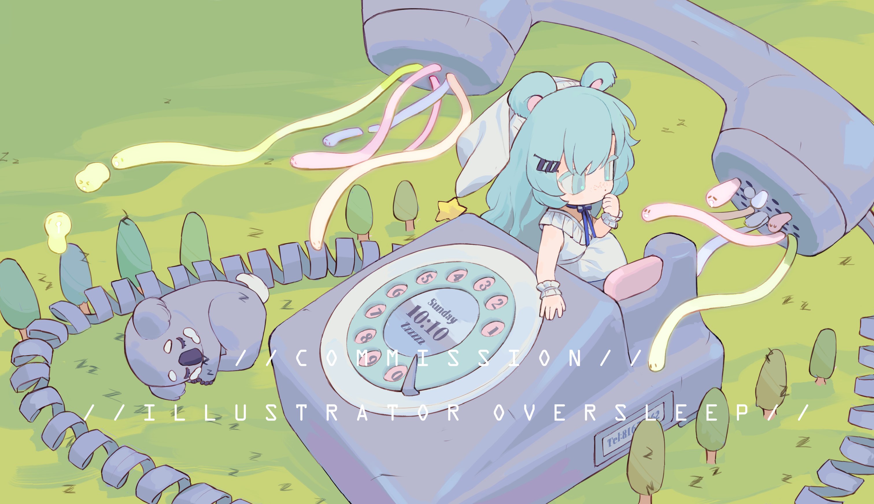 oversleep, original, highres, 1girl, animal, animal ears, blue eyes, blue hair, chibi, chibi only, dress, english text, full body, grass, grasslands, hair between eyes, hair ornament, hairclip, koala, lane line, meadow, mini person, minigirl, on grass, phone, sleeveless, sleeveless dress, veil, white dress