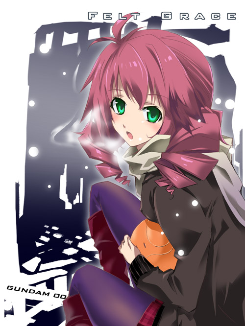 okiura, feldt grace, haro, gundam, gundam 00, 00s, 1girl, ahoge, blush, character name, coat, drill hair, female focus, green eyes, looking at viewer, open mouth, pantyhose, pink hair, plaid clothes, plaid skirt, scarf, skirt, snow, solo, text focus, twin drills, twintails
