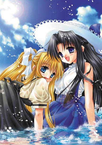sato-pon, kamio misuzu, kawana misaki, air (visual novel), one – kagayaku kisetsu e, 00s, 2girls, blonde hair, crossover, hat, multiple girls, school uniform, serafuku, water