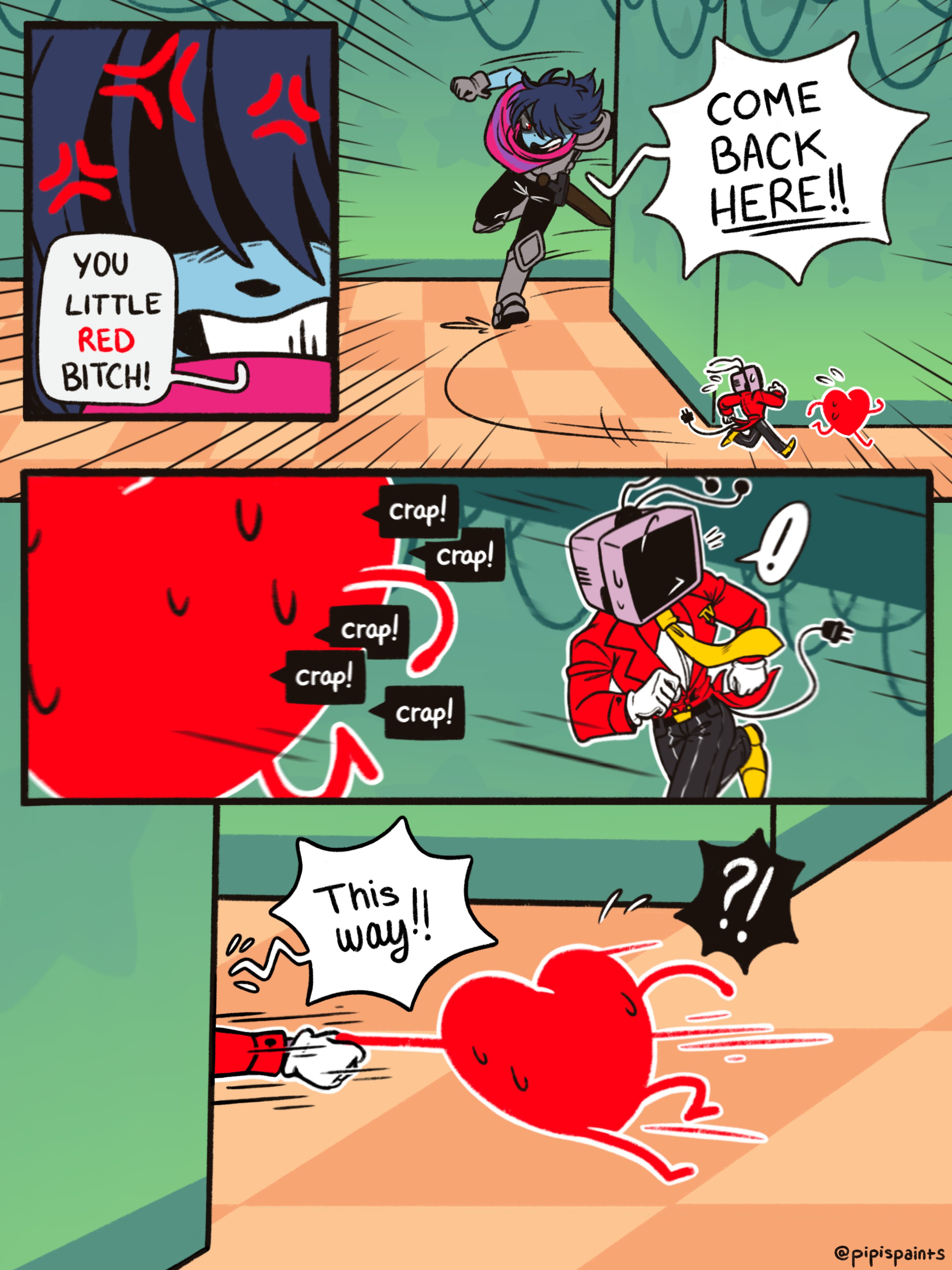ant tenna, kris (dark world) (deltarune), kris (deltarune), soul (deltarune), deltarune, utdr (toby fox), absurdres, commentary, english commentary, highres, !, 1boy, 1other, anger vein, armor, belt, belt buckle, black belt, black pants, blue hair, blue skin, buckle, checkered floor, clenched teeth, colored skin, crt, electric plug, electric plug tail, emphasis lines, english text, gloves, grabbing another's hand, grey gloves, indoors, mini person, miniboy, necktie, object head, pants, partially shaded face, pipispaints, profanity, pulling, radio antenna, red eyes, running, shoes, short hair, shouting, size difference, spoken exclamation mark, sweat, tail, tailcoat, teeth, twitter username, two-tone cape, yellow necktie, yellow shoes