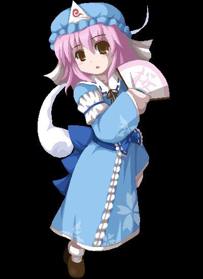 fukaiton, saigyouji yuyuko, touhou, eyebrows, 1girl, arm garter, black background, blue dress, blue hat, blush, brown eyes, dress, eyelashes, female focus, floating, folding fan, frills, full body, ghost, hand fan, hat, holding, holding fan, long sleeves, looking at viewer, mob cap, monochrome, pink hair, simple background, socks, solo, standing, triangular headpiece, white socks