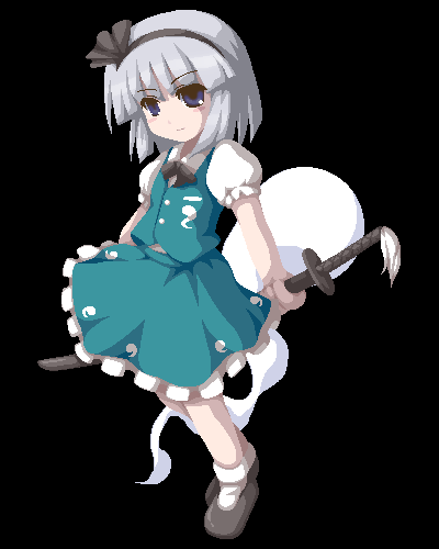 fukaiton, konpaku youmu, konpaku youmu (ghost), touhou, silver hair, lowres, 1girl, black background, black bow, black bowtie, black ribbon, blouse, bobby socks, bow, bowtie, brown shoes, dress, eyelashes, female focus, ghost, green dress, green eyes, hair ribbon, hitodama, katana, looking at viewer, mary janes, oekaki, puffy short sleeves, puffy sleeves, ribbon, sheath, sheathed, shirt, shoes, short hair, short sleeves, simple background, socks, solo, sword, tareme, weapon, white shirt, white socks