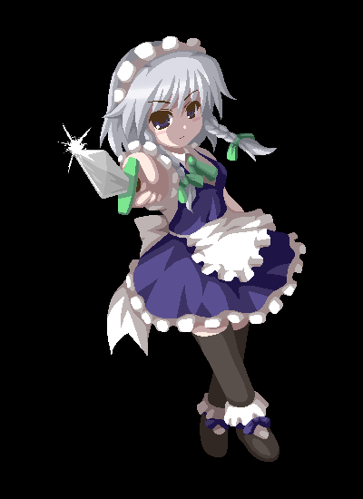 fukaiton, izayoi sakuya, touhou, silver hair, 1girl, aiming, aiming at viewer, black background, black shoes, black thighhighs, braid, dagger, female focus, footwear bow, frilled vest, frills, holding, holding dagger, holding knife, holding weapon, knife, maid, shoes, short hair, simple background, solo, thighhighs, throwing knife, twin braids, vest, weapon