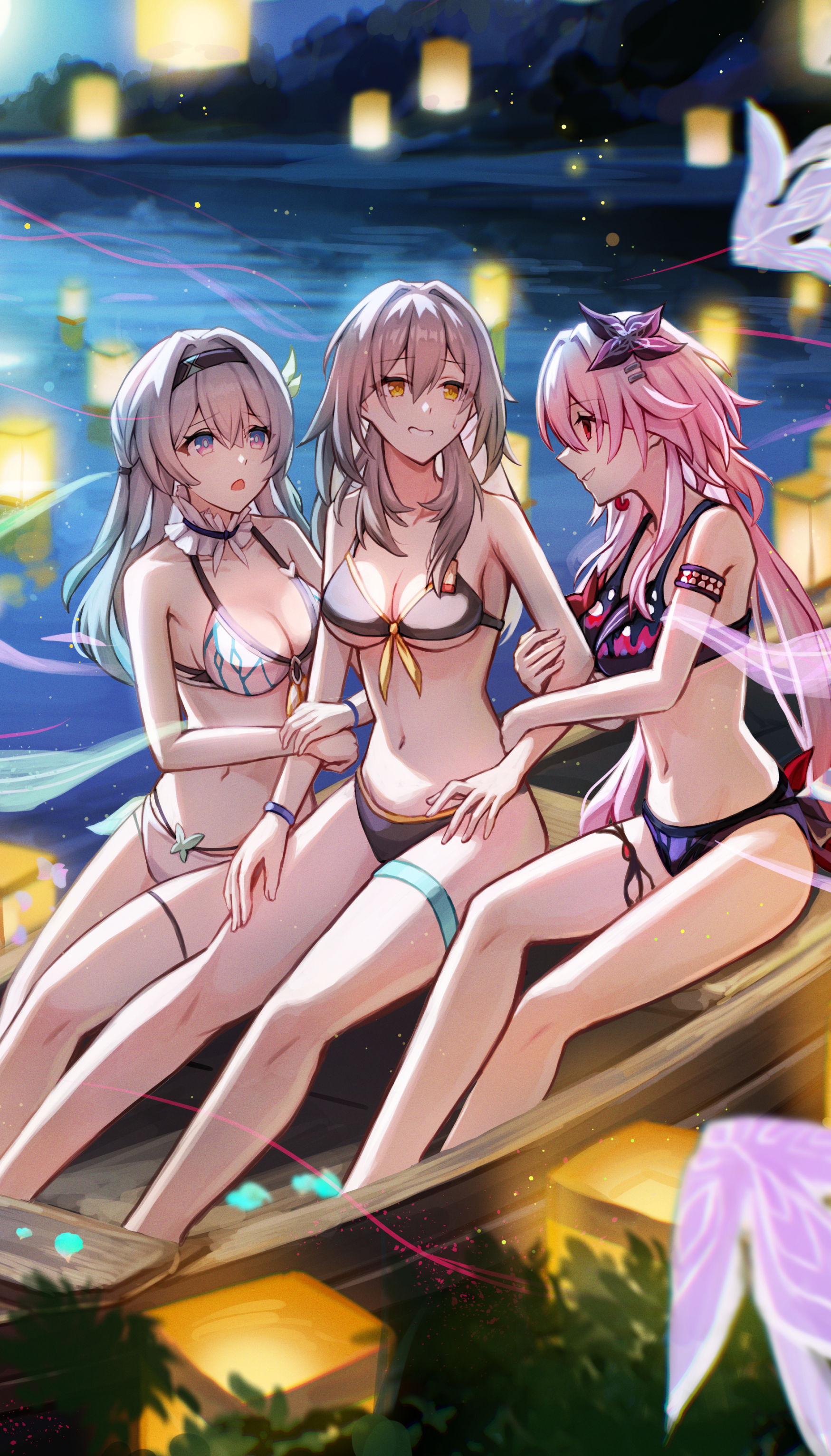 isome, evernight (honkai: star rail), firefly (honkai: star rail), march 7th (honkai: star rail), stelle (honkai: star rail), trailblazer (honkai: star rail), honkai: star rail, honkai (series), absurdres, commentary request, commission, highres, pixiv commission, 3girls, alternate costume, bikini, black bikini, black hairband, breasts, canoe, flower, grey hair, hair between eyes, hair flower, hair ornament, hairband, jellyfish, lantern, large breasts, looking at another, medium breasts, medium hair, multiple girls, navel, night, outdoors, paper lantern, pink eyes, pink hair, red eyes, stomach, swimsuit, thigh strap, thighs, water, white bikini, yellow eyes, yuri