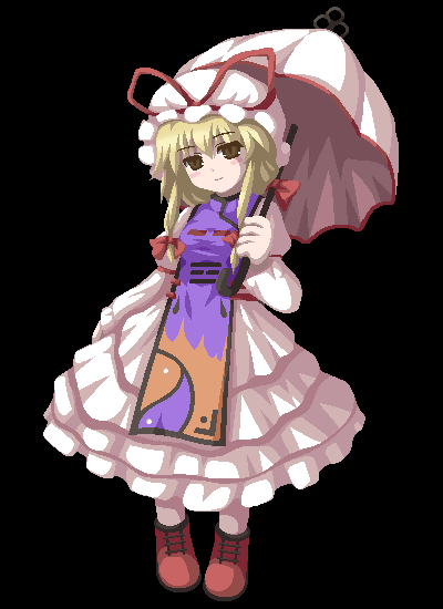 fukaiton, yakumo yukari, touhou, 1girl, black background, blonde hair, brown eyes, dress, expressionless, female focus, frilled dress, frills, hair ribbon, hat, head tilt, holding, looking at viewer, mob cap, purple tabard, red ribbon, ribbon, simple background, solo, tabard, umbrella, white hat, yin yang