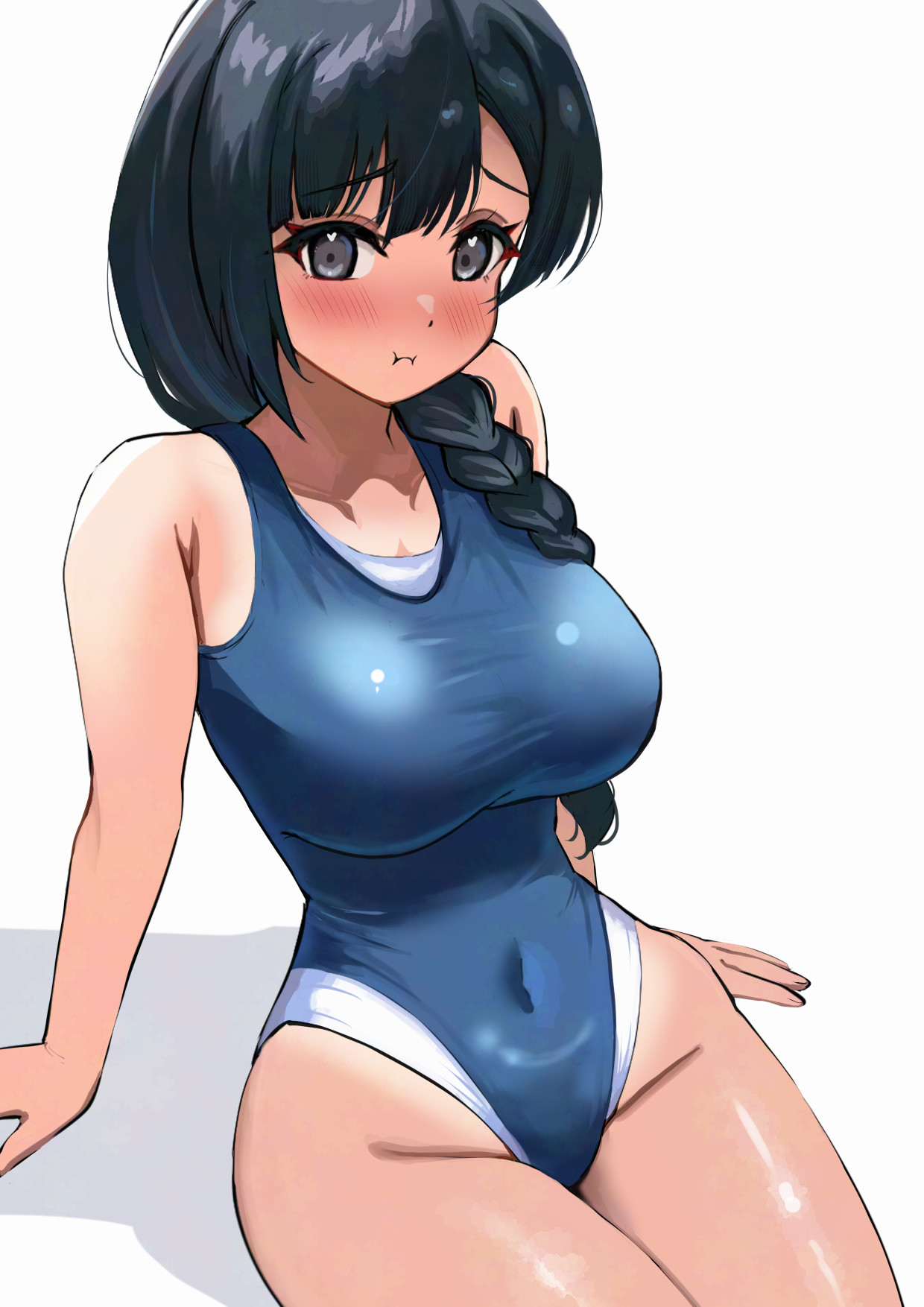 pisagi, nakagawa nana, yuki setsuna, yuki setsuna (love live!), love live!, love live! nijigasaki high school idol club, highres, 1girl, :t, arm support, bare arms, black hair, blue one-piece swimsuit, blush, braid, breasts, cleavage, closed mouth, competition swimsuit, covered navel, grey eyes, hair between eyes, hair over shoulder, large breasts, long hair, looking at viewer, one-piece swimsuit, pout, shadow, sidelocks, simple background, sitting, solo, swimsuit, thighs, white background