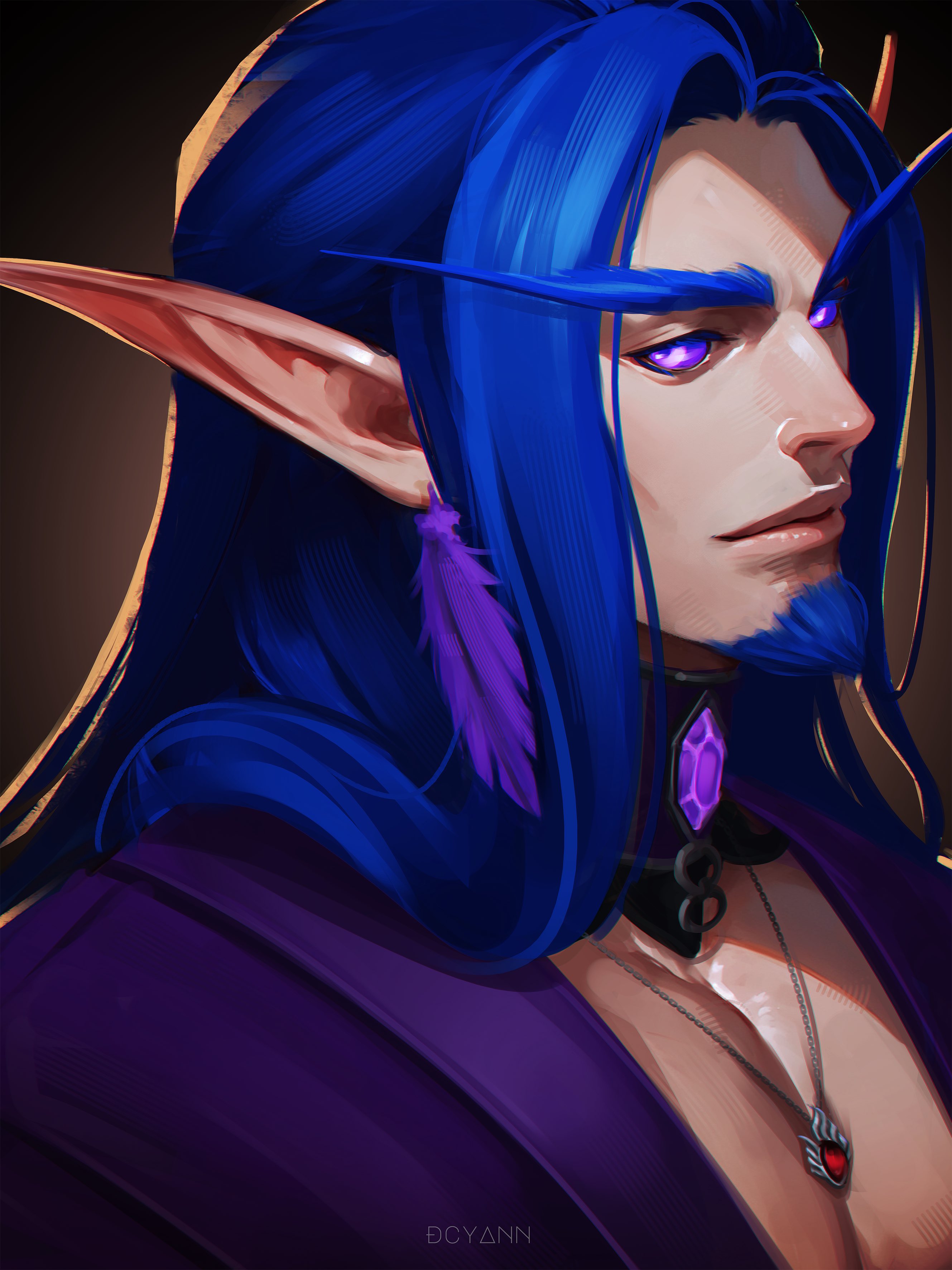 dcyann, warcraft, world of warcraft, absurdres, highres, 1boy, artist name, blue hair, earrings, facial hair, feather earrings, feathers, goatee, jewelry, long hair, looking at viewer, necklace, pointy ears, portrait, purple eyes, purple feathers, solo