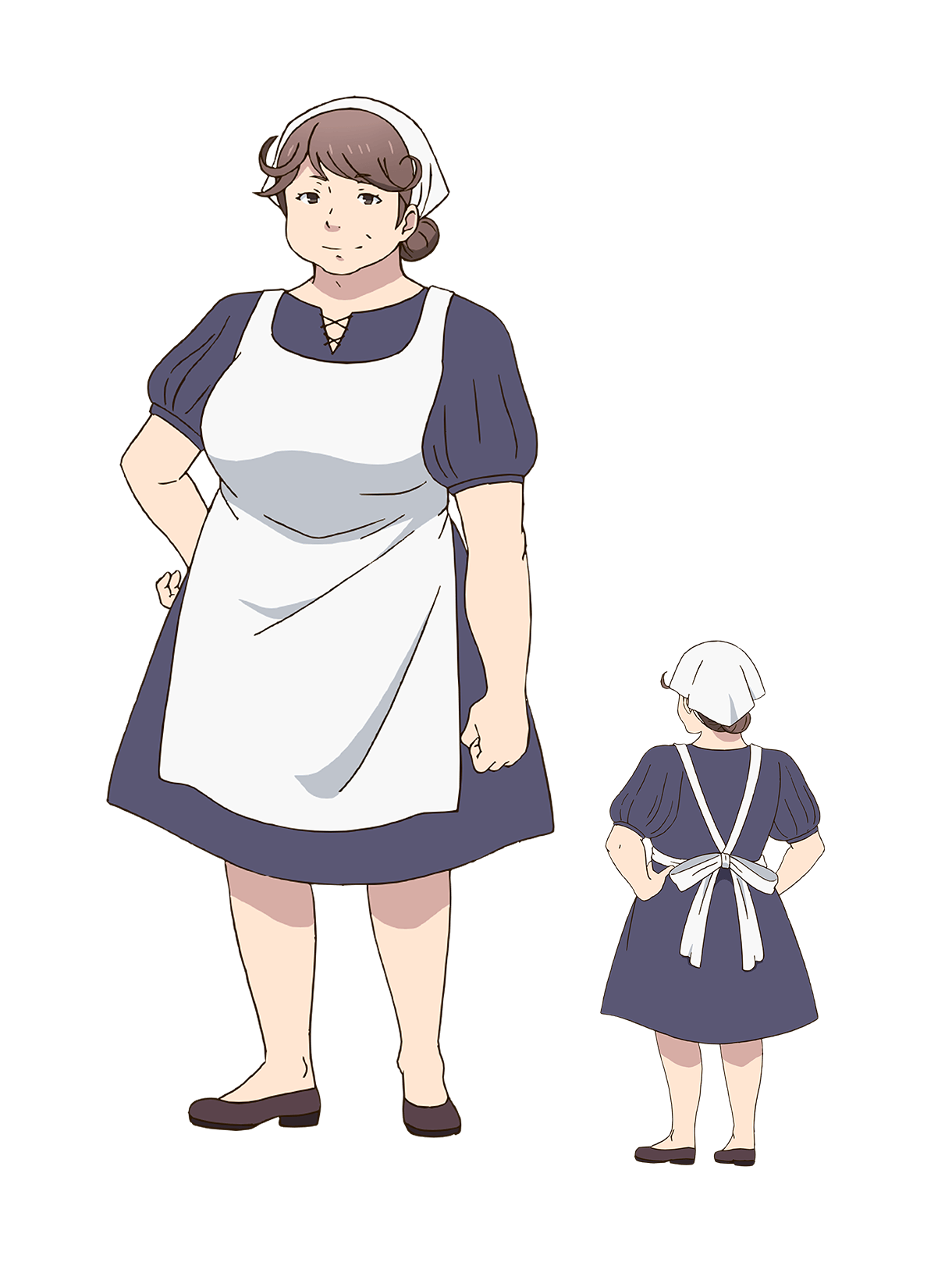 masudate toshihide, leadale no daichi nite, highres, official art, 2girls, anime coloring, apron, back, blue dress, breasts, brown eyes, brown hair, brown shoes, clenched hands, closed mouth, dress, flats, from behind, full body, hair bun, hand on own hip, hands on own hips, headscarf, large breasts, looking at viewer, marelle (leadale no daichi nite), mature female, multiple girls, shoes, short sleeves, simple background, smile, standing, swept bangs, transparent background, white apron, white headscarf