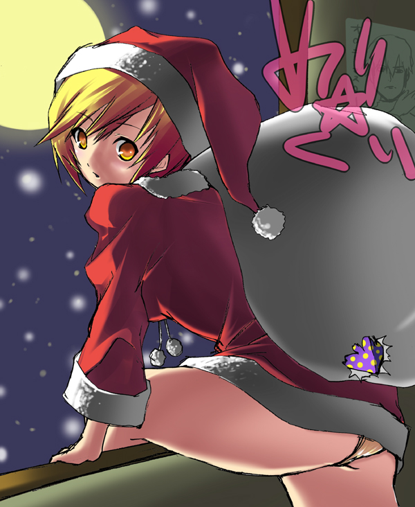 kurou (yugato), yugato, 1girl, christmas, female focus, panties, pantyshot, santa costume, solo, underwear