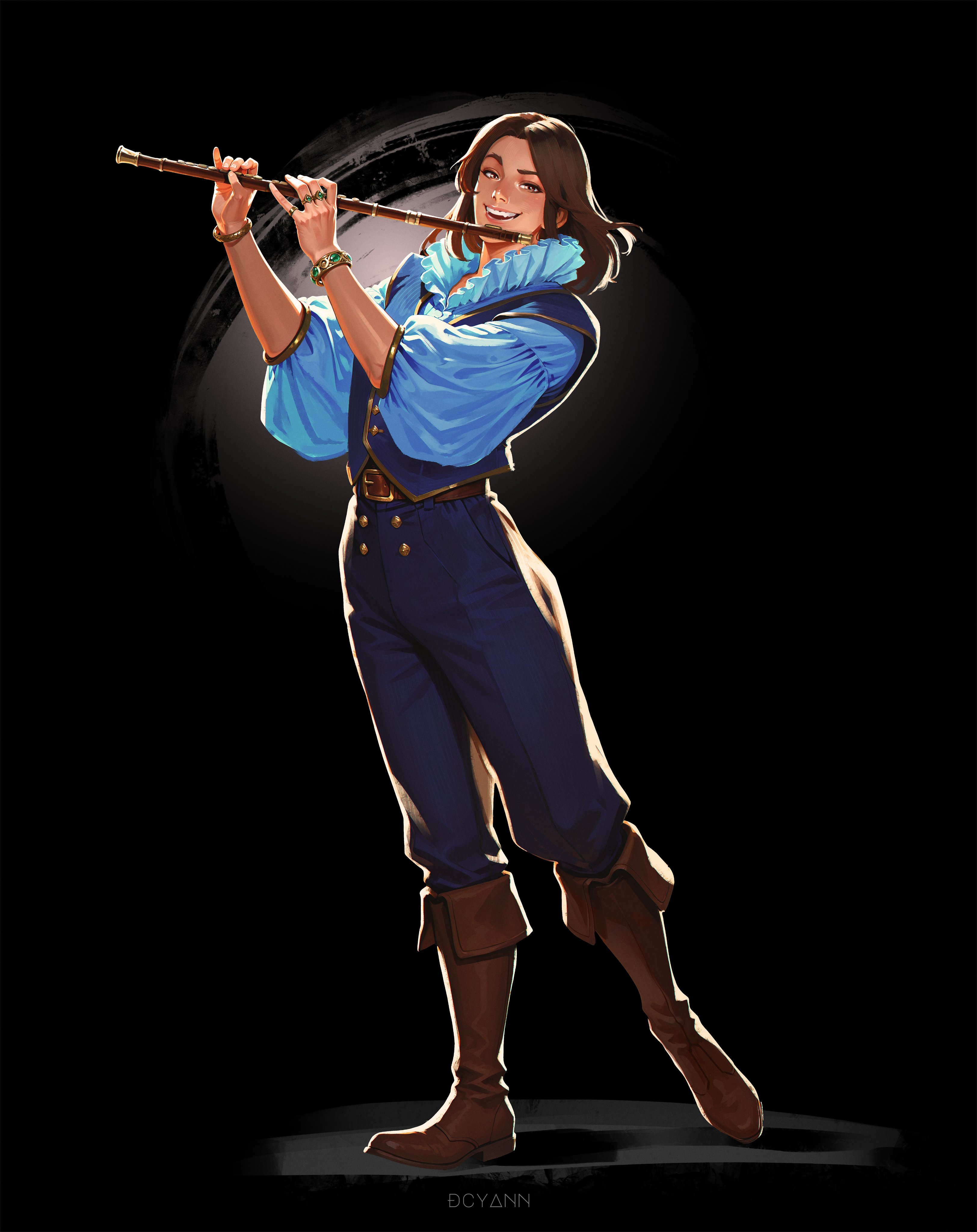 dcyann, dungeons & dragons, absurdres, highres, 1boy, artist name, bard, black background, blue pants, blue shirt, blue vest, boots, bracelet, brown boots, brown eyes, brown hair, flute, full body, holding, holding flute, holding instrument, instrument, jewelry, long hair, looking at viewer, pants, puffy sleeves, ring, shirt, solo, vest
