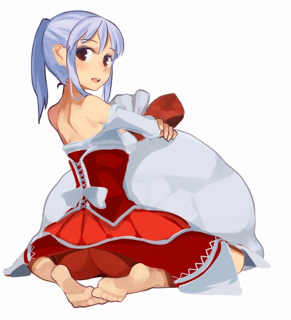 forgotten artist, ryman, fantasy earth zero, character request, 1girl, ass, barefoot, blue hair, christmas, feet, female focus, looking back, ponytail, sack, sitting, smile, solo