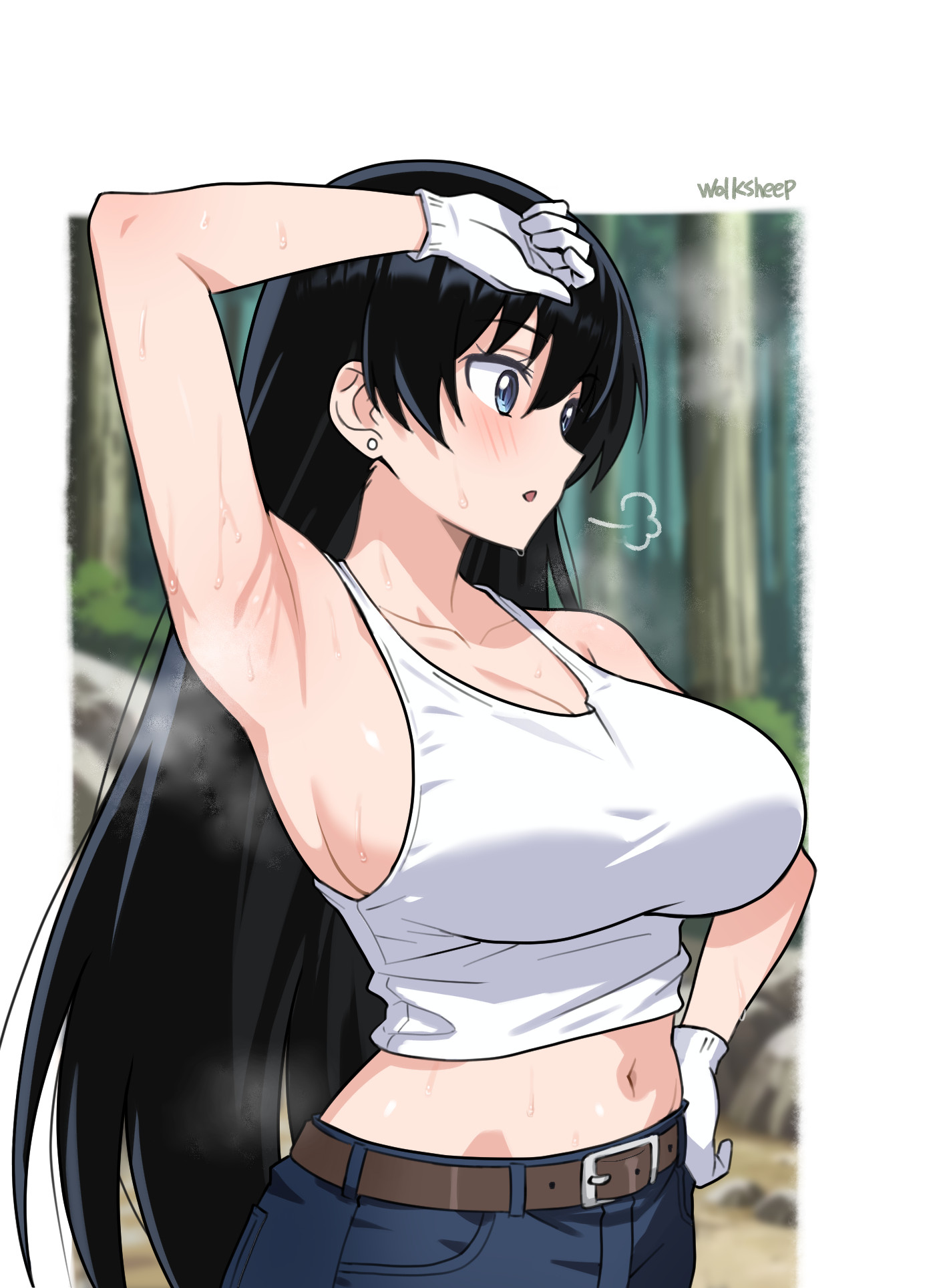 wolksheep, arato nagi, ruri no houseki, commentary request, highres, 1girl, arm up, armpits, bare arms, black hair, blue eyes, blue pants, blush, breasts, cleavage, collarbone, day, denim, ear piercing, earrings, forest, gloves, hand on own hip, jeans, jewelry, large breasts, long hair, nature, navel, outdoors, pants, piercing, sidelocks, solo, standing, stud earrings, tank top, tree, white gloves, white tank top