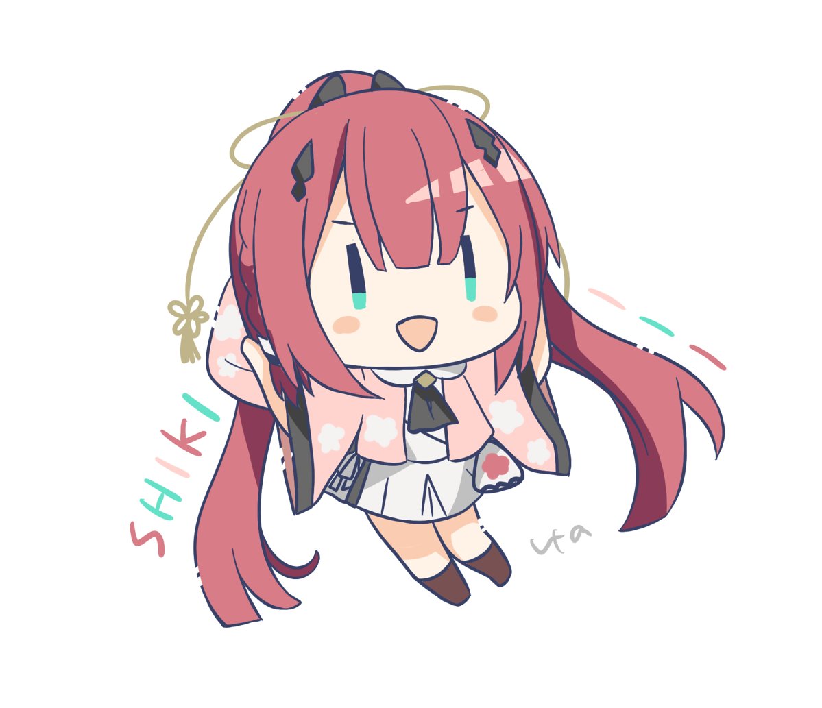 ura (ura-tennislove), kamiyama shiki, summer pockets, commentary request, 1girl, :d, ascot, black ascot, blue eyes, blunt bangs, blush stickers, character name, cherry blossom print, chibi, chibi only, floral print, floral print kimono, full body, hair ornament, hairclip, hands up, japanese clothes, kimono, long hair, long sleeves, miniskirt, open clothes, open kimono, open mouth, pink kimono, ponytail, print kimono, red hair, sailor collar, school uniform, serafuku, shirt, sidelocks, simple background, skirt, smile, solo, split ponytail, standing, summer pockets school uniform, tassel, tassel hair ornament, v-shaped eyebrows, very long hair, white background, white sailor collar, white serafuku, white shirt, white skirt, wide sleeves, | |