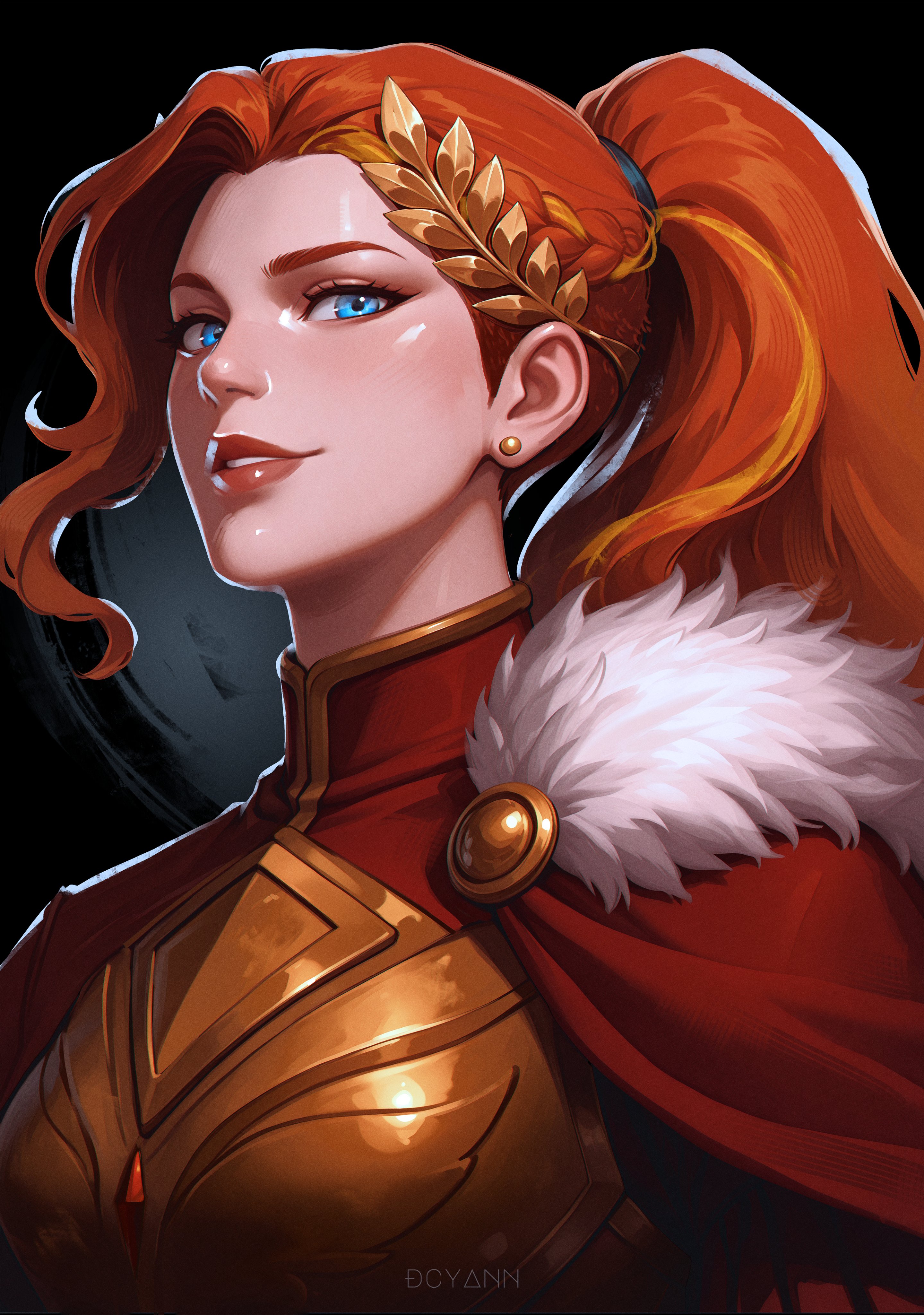 dcyann, original, absurdres, highres, 1girl, armor, artist name, blue eyes, cape, jacket, long hair, looking at viewer, orange hair, ponytail, red cape, red jacket, solo, upper body