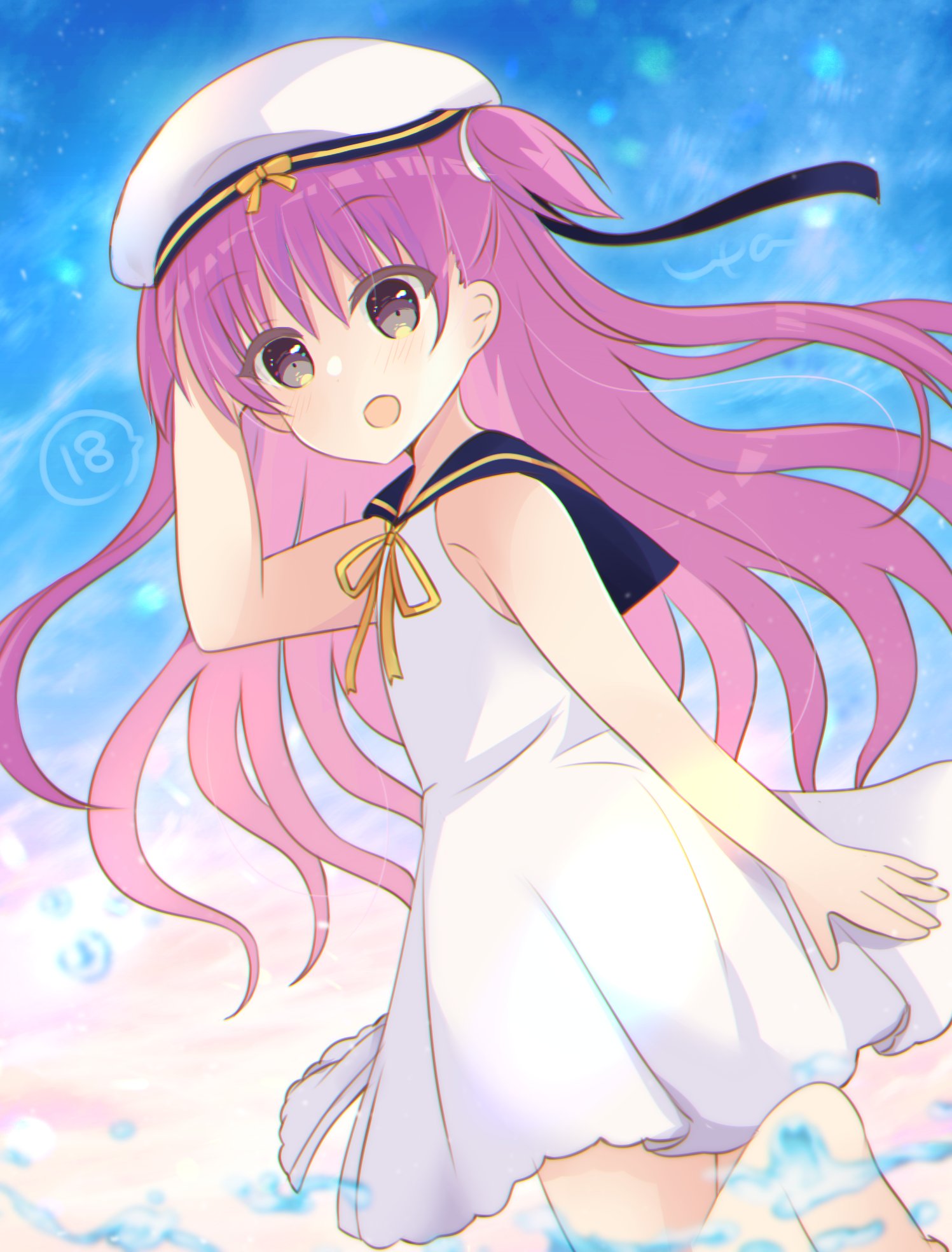 ura (ura-tennislove), katou umi, summer pockets, commentary request, highres, 1girl, arm at side, black ribbon, blue sailor collar, blue sky, blurry, blush, bow, cowboy shot, day, depth of field, dress, episode number, eyes visible through hair, floating hair, grey eyes, hair between eyes, hand up, happy, hat, hat bow, hat ribbon, long hair, looking at viewer, open mouth, outdoors, pink hair, ribbon, sailor collar, sailor dress, sailor hat, short dress, sky, sleeveless, sleeveless dress, smile, solo, speech bubble, two side up, very long hair, water drop, white dress, white hair, yellow bow, yellow eyes