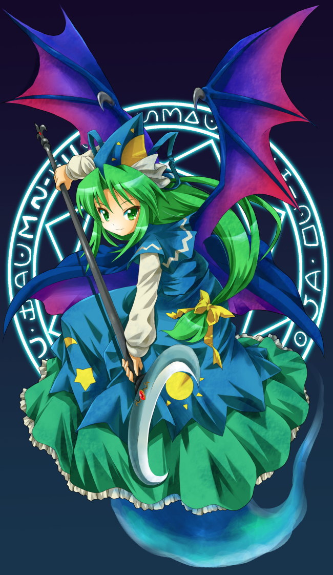 michii yuuki, mima (touhou), touhou, touhou (pc-98), 1girl, dress, female focus, green eyes, green hair, hat, magic circle, matching hair/eyes, solo, staff, wings, wizard hat