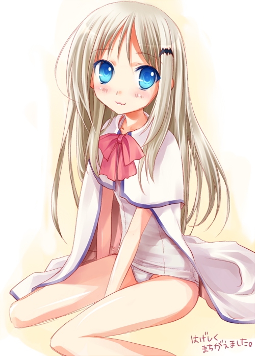 mofmof (sousa), noumi kudryavka, little busters!, silver hair, translated, 1girl, :3, blue eyes, bow, cape, female focus, long hair, one-piece swimsuit, pink bow, school swimsuit, school uniform, serafuku, solo, swimsuit, swimsuit under clothes, white one-piece swimsuit, white school swimsuit