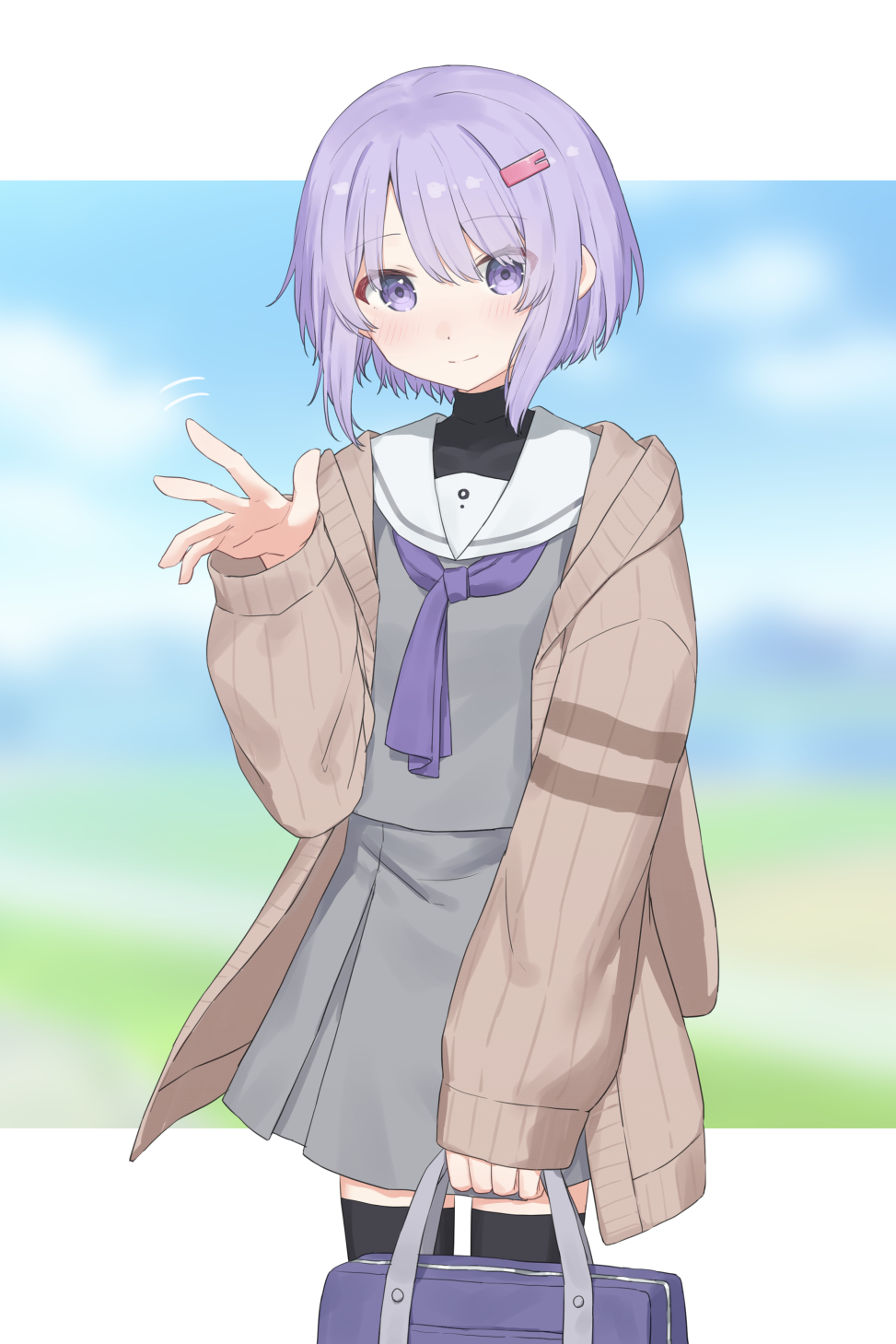kirima (zs at ), yuzuki yukari, yuzuki yukari (shizuku), a.i. voice, vocaloid, voiceroid, commentary request, highres, 1girl, bag, black thighhighs, blush, brown cardigan, cardigan, grey shirt, grey skirt, hair ornament, hairclip, hand up, holding, holding bag, long sleeves, looking at viewer, necktie, open cardigan, open clothes, purple eyes, purple hair, purple necktie, ribbed cardigan, sailor collar, school uniform, shirt, short hair, skirt, smile, solo, thighhighs, waving, white sailor collar