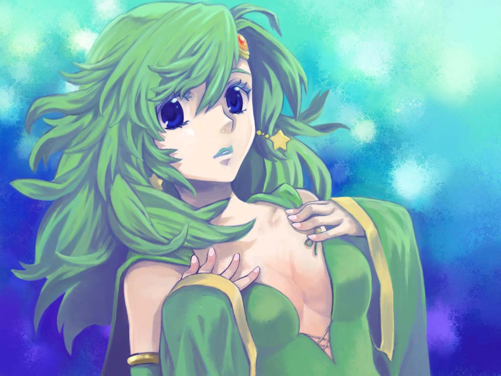 saikachi, saikachi (ogre tree), rydia (adult) (ff4), rydia (ff4), final fantasy, final fantasy iv, 1990s (style), 1girl, blue eyes, breasts, cape, cleavage, detached sleeves, female focus, green hair, green lips, lipstick, makeup, retro artstyle, solo