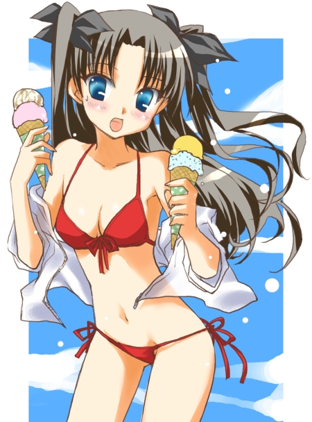 mofmof (sousa), tohsaka rin, fate/stay night, fate (series), 00s, 1girl, bikini, black hair, blush, female focus, food, ice cream, long hair, red bikini, side-tie bikini bottom, solo, swimsuit, twintails, two side up