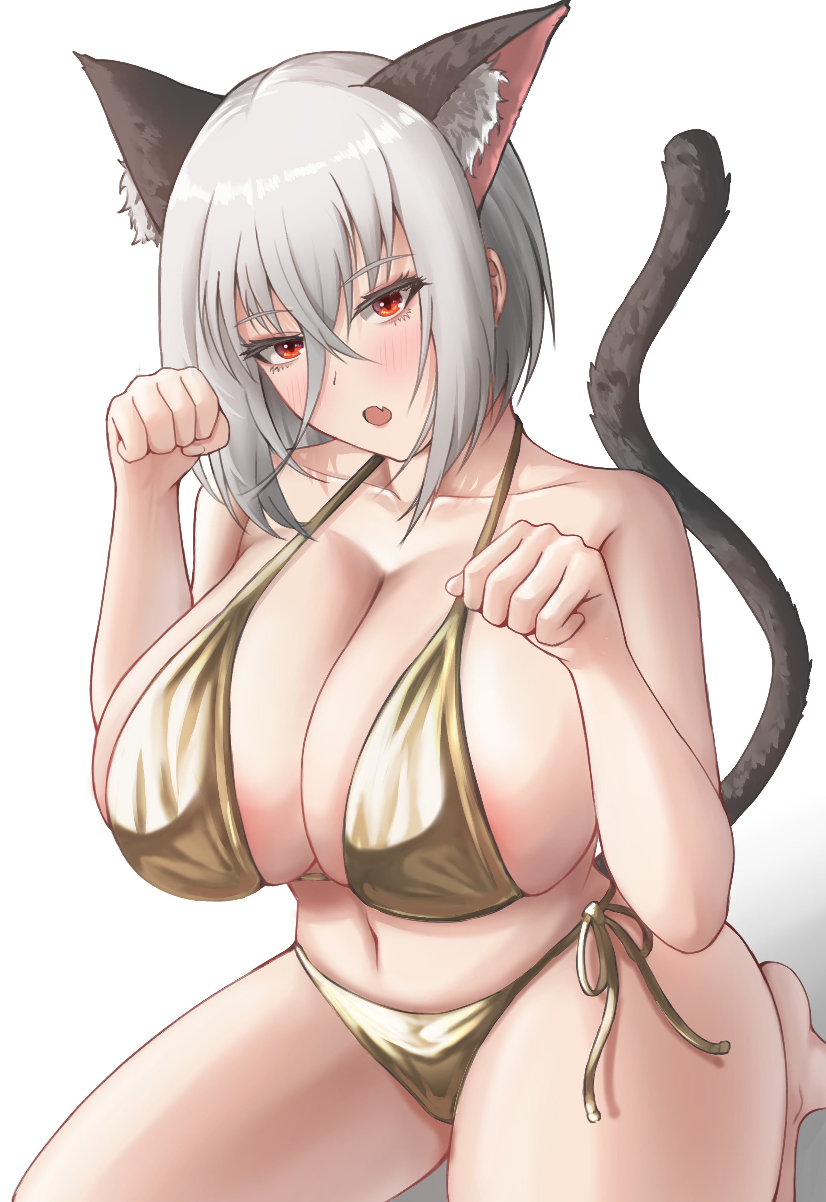 panzerboy, original, absurdres, highres, animal ear fluff, animal ears, areola slip, barefoot, bikini, black bikini, blush, breasts, cat ears, cat girl, cat tail, cleavage, collarbone, curvy, fang, gold bikini, grey hair, hair between eyes, large areolae, large breasts, looking at viewer, navel, open mouth, paw pose, red eyes, shadow, simple background, skin fang, swimsuit, tail, thick thighs, thighs, white background