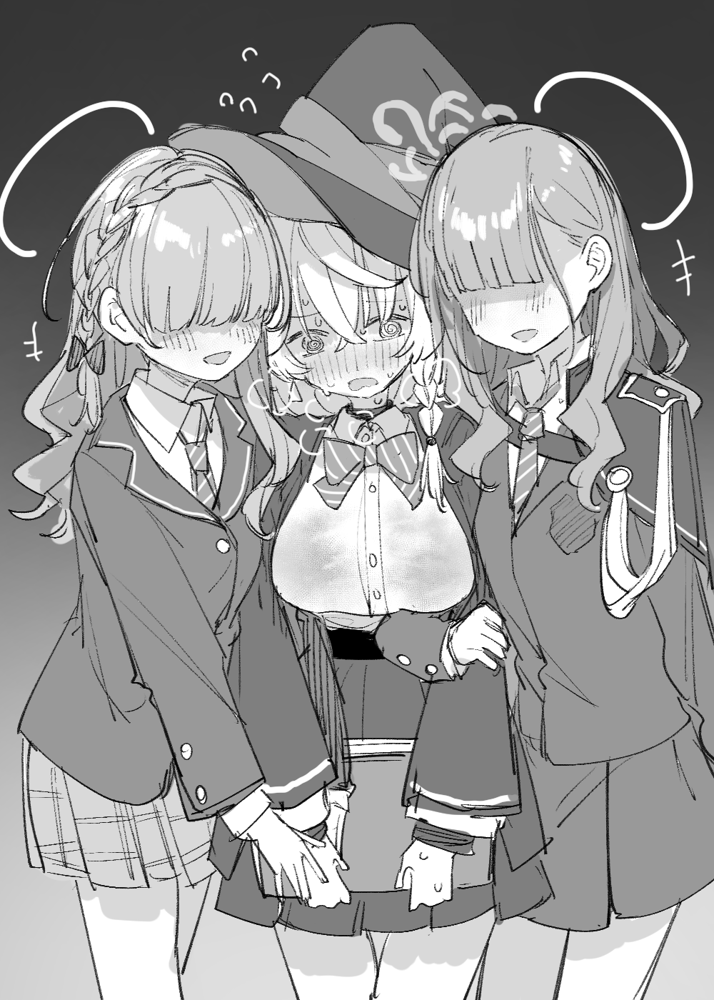 013 (hamsasuke), eri (blue archive), blue archive, highres, 3girls, @ @, blazer, blush, book, bow, bowtie, braid, breasts, coat, collared shirt, girl sandwich, greyscale, hair between eyes, hair over eyes, halo, hat, holding, holding book, jacket, large breasts, locked arms, long hair, long sleeves, monochrome, multiple girls, necktie, open clothes, open coat, open mouth, sandwiched, shirt, single braid, skirt, smile, witch hat