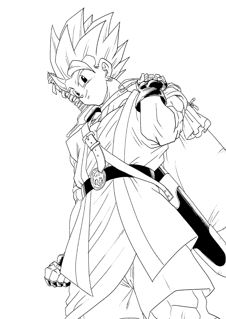 hero (dq6), dragon quest, dragon quest vi, 1boy, armlet, belt buckle, buckle, choker, clenched hand, earrings, fingerless gloves, from below, gloves, gvdygdu, hoop earrings, jewelry, looking to the side, male focus, monochrome, robe, short hair, shorts, single bang, smirk, solo, spiked hair, sword, sword on back, toriyama akira (style), weapon, weapon on back