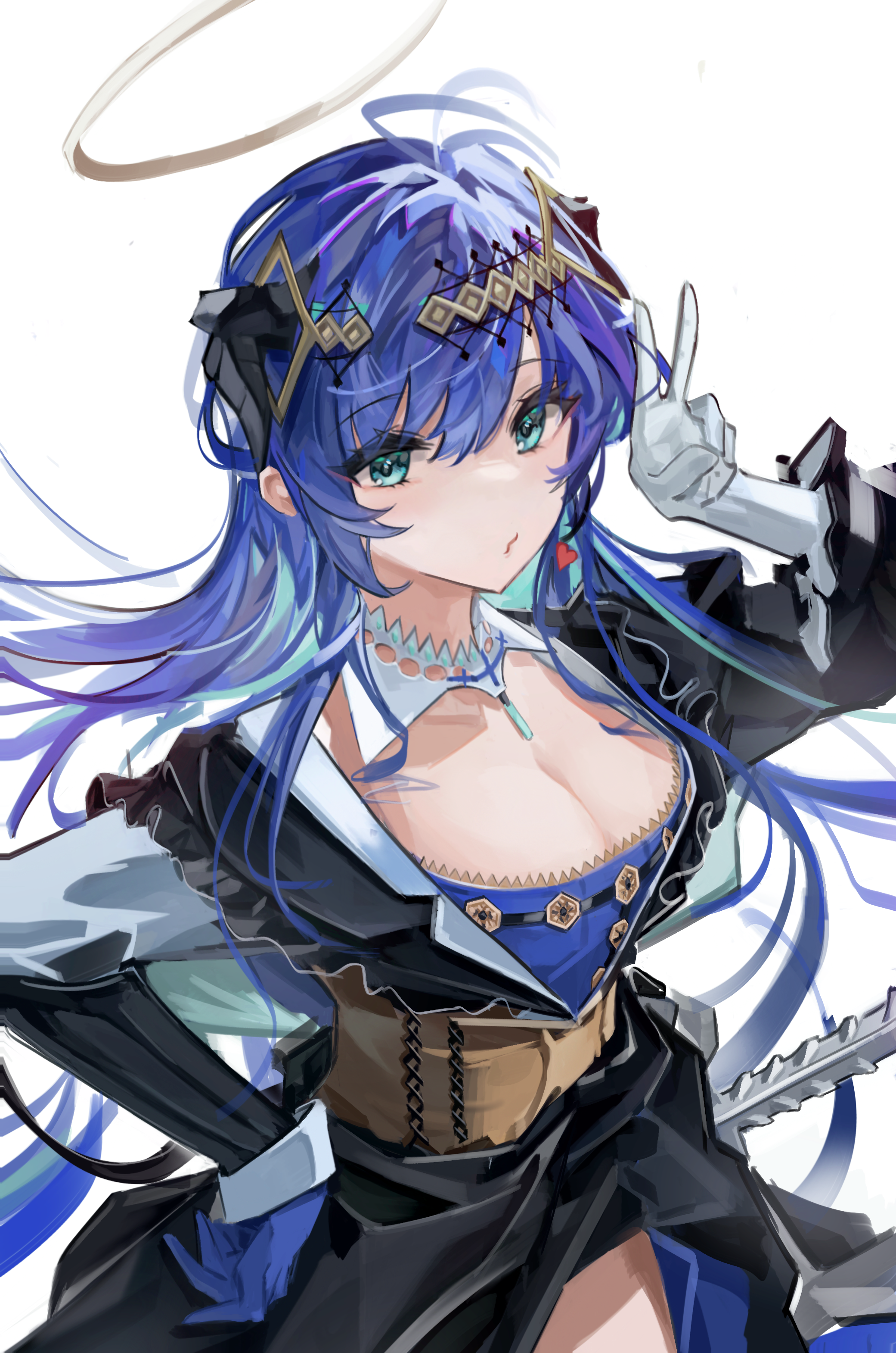 meihina, mostima (arknights), mostima (ethereal harmony) (arknights), arknights, absurdres, highres, 1girl, asymmetrical gloves, black jacket, blue dress, blue eyes, blue gloves, blue hair, breasts, cleavage, demon horns, dress, gloves, halo, horns, jacket, long hair, medium breasts, mismatched gloves, official alternate costume, simple background, solo, v, white background, white gloves, yellow halo