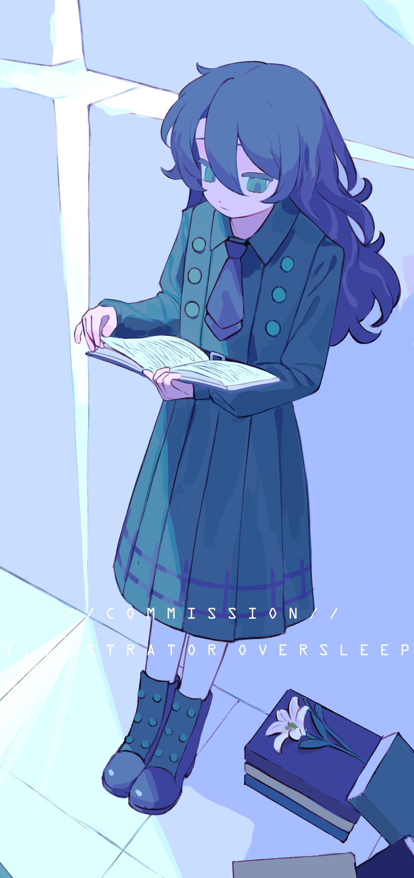 oversleep, original, absurdres, highres, 1girl, bags under eyes, blue eyes, blue hair, book, boots, buttons, collared dress, dress, english text, flower, from above, full body, hair between eyes, holding, holding book, indoors, long sleeves, necktie, pantyhose, shirt, shoes, short necktie, standing, tiles, wavy hair, white flower, white pantyhose