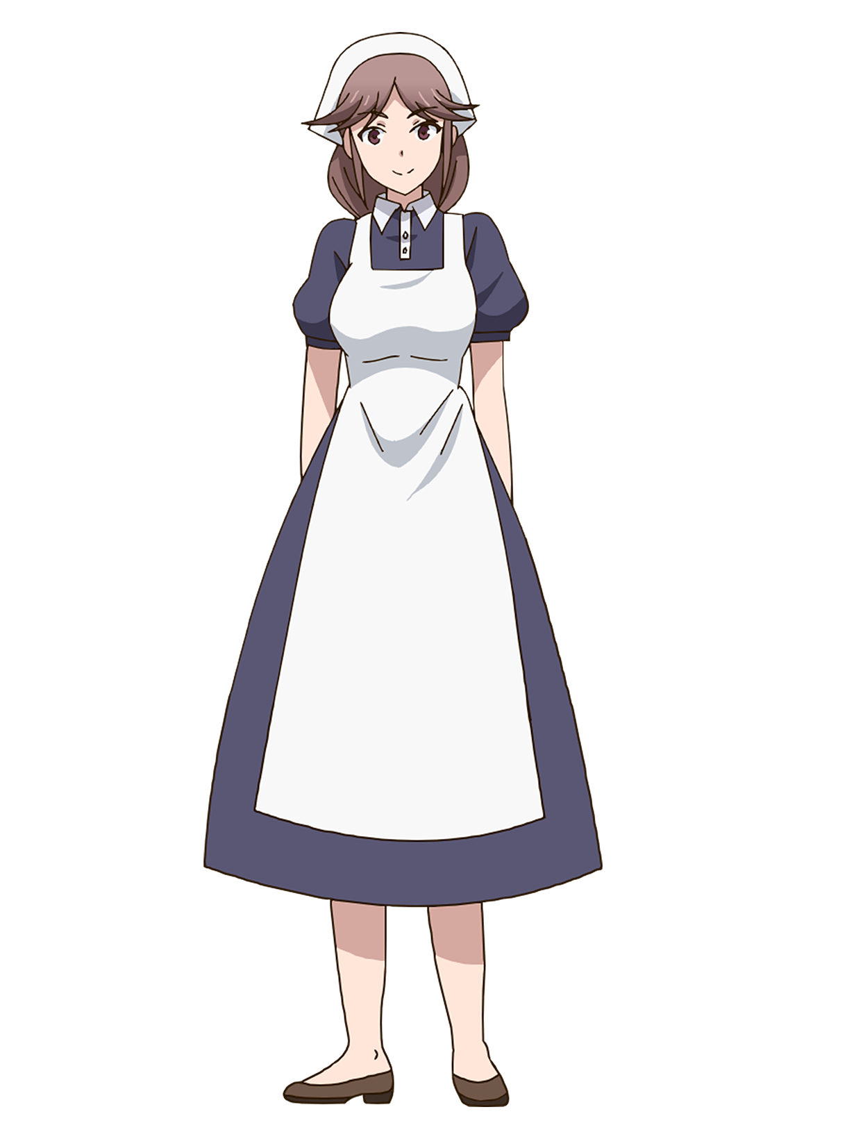 masudate toshihide, leadale no daichi nite, highres, official art, 1girl, anime coloring, apron, arm behind back, blue dress, breasts, brown eyes, brown hair, brown shoes, closed mouth, collared dress, dress, flats, full body, headscarf, large breasts, long hair, looking at viewer, luine (leadale no daichi nite), shoes, short sleeves, simple background, smile, solo, standing, transparent background, white apron, white headscarf