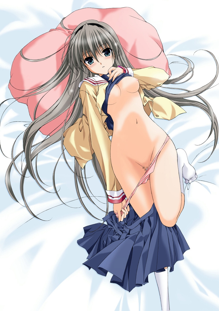 shiino yui, sakagami tomoyo, clannad, 00s, 1girl, bad anatomy, bad leg, bed, breasts, censored, clothes lift, female focus, kicking, lying, medium breasts, mosaic censoring, panties, panty pull, poorly drawn, pussy, school uniform, serafuku, shirt lift, skirt, skirt lift, solo, underwear