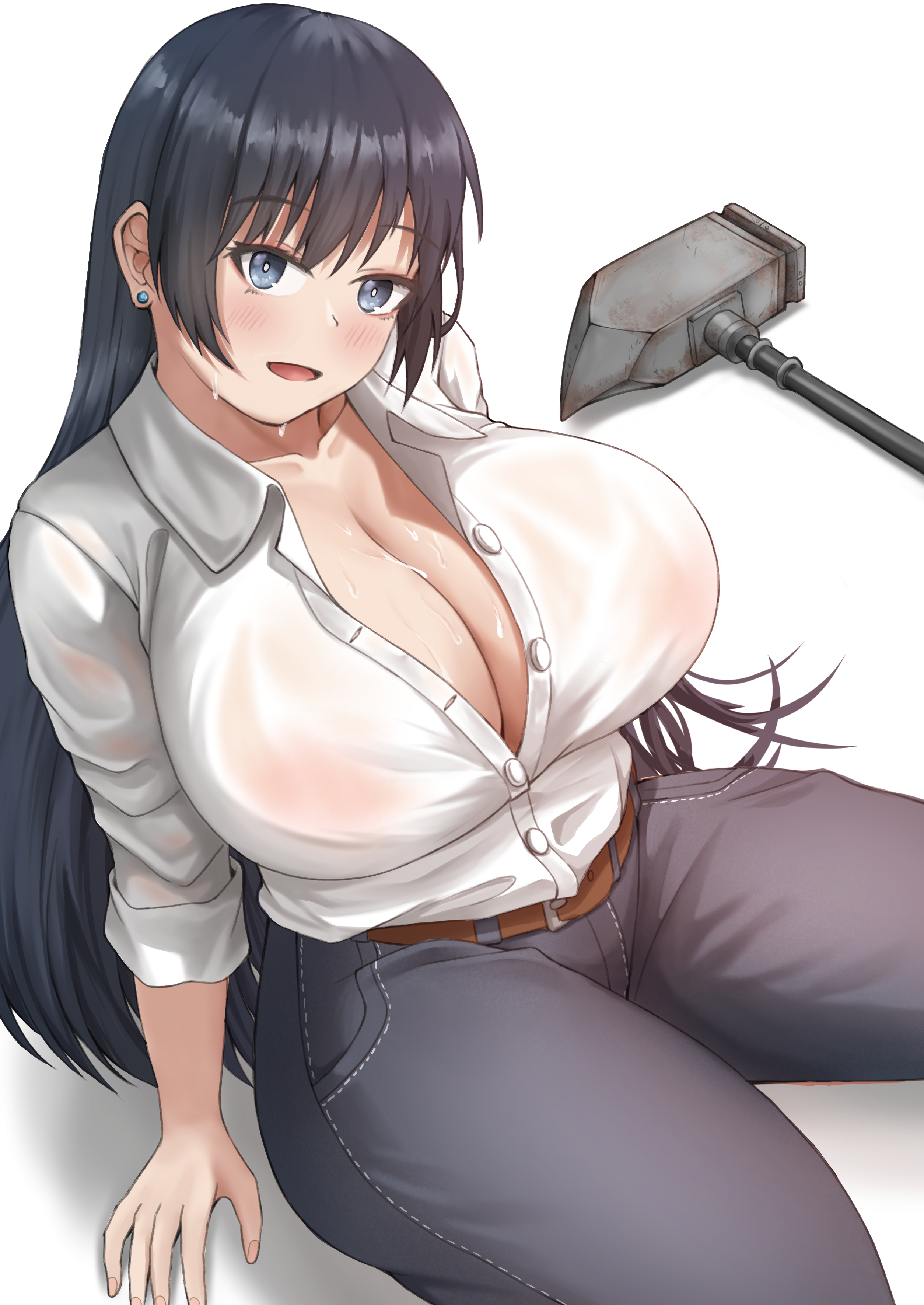 panzerboy, arato nagi, ruri no houseki, absurdres, commentary request, highres, 1girl, arm support, belt, black hair, black pants, blue eyes, blush, breasts, cleavage, collared shirt, curvy, denim, ear piercing, earrings, hammer, huge breasts, jeans, jewelry, large breasts, long hair, no bra, pants, piercing, see-through clothes, see-through shirt, shirt, simple background, sitting, smile, solo, stud earrings, sweat, thick thighs, thighs, white background, white shirt