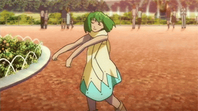 ranka lee, macross, macross frontier, animated, animated gif, anime screenshot, lowres, 00s, 1girl, bob cut, boots, dancing, female focus, green hair, nyan-nyan dance, red eyes, solo