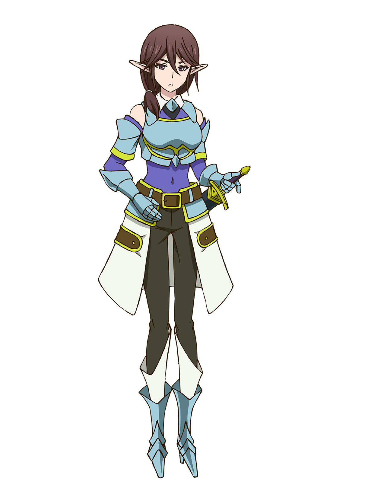 masudate toshihide, leadale no daichi nite, highres, official art, 1girl, anime coloring, armor, belt, blue armor, breastplate, breasts, brown belt, brown eyes, brown hair, caerina (leadale no daichi nite), closed mouth, collared shirt, crossed bangs, detached sleeves, elf, full body, gauntlets, greaves, grey pants, hair between eyes, holding, holding sword, holding weapon, long hair, looking at viewer, low ponytail, pants, pointy ears, ponytail, purple shirt, scabbard, sheath, shirt, simple background, sleeveless, sleeveless shirt, solo, standing, sword, transparent background, v-shaped eyebrows, weapon