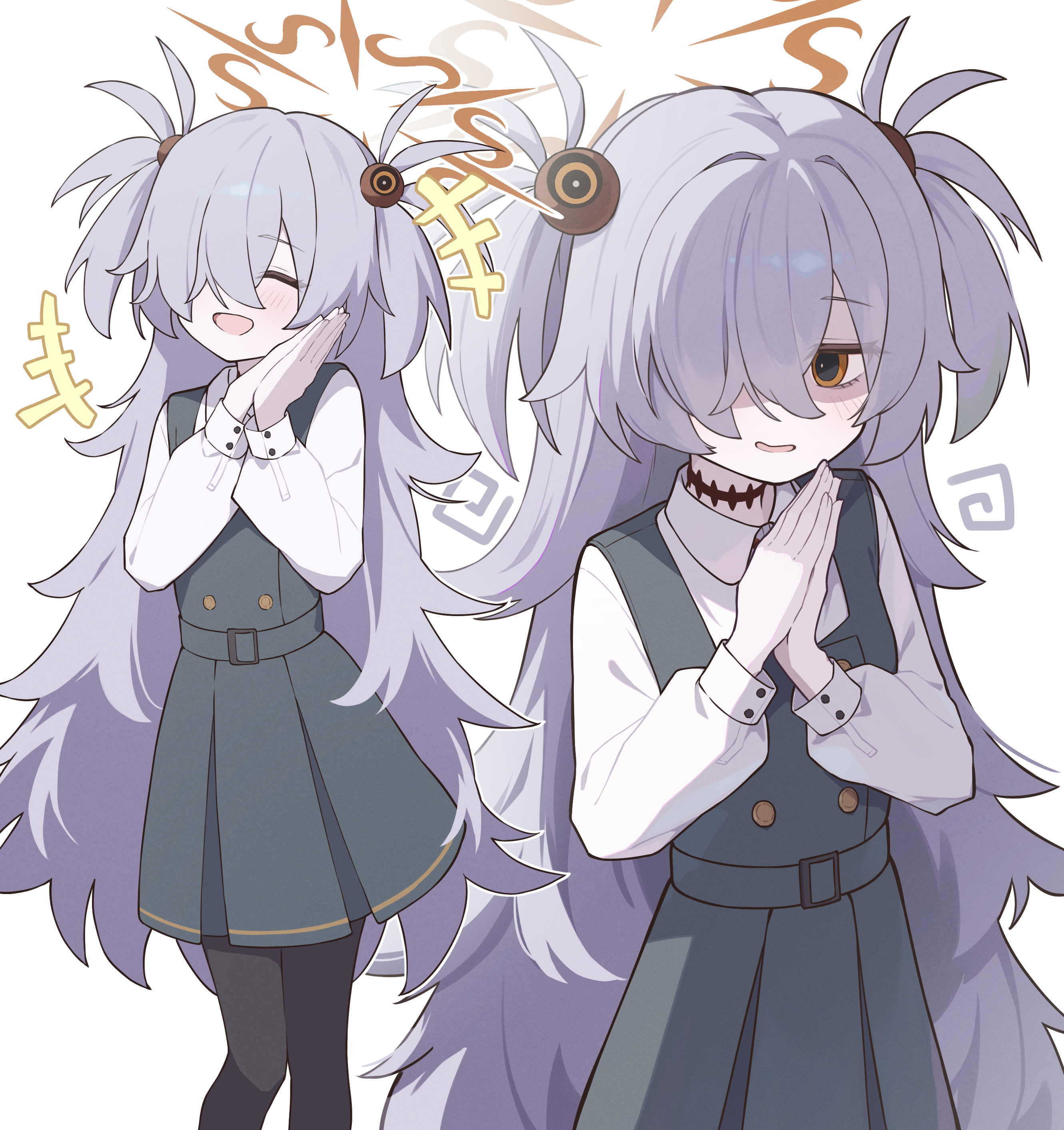 toki kimagure, kanoe (blue archive), blue archive, absurdres, commentary request, highres, +++, 1girl, black pantyhose, brown eyes, brown halo, collared shirt, cowboy shot, dress, grey hair, hair ornament, hair over one eye, halo, long hair, long sleeves, looking at viewer, multiple views, palms together, pantyhose, pinafore dress, shirt, simple background, sleeveless, sleeveless dress, smile, two side up, white background, white shirt