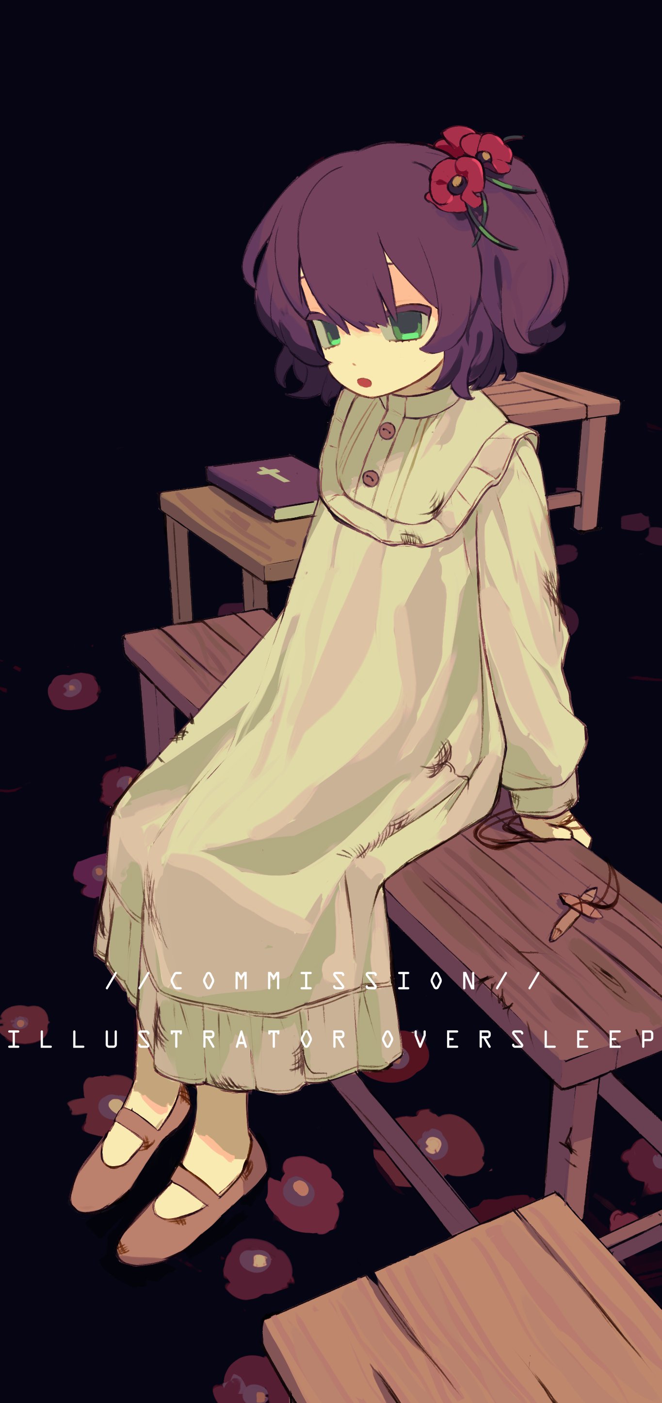 oversleep, original, absurdres, highres, 1girl, bench, book, dress, english text, flower, full body, green eyes, hair between eyes, hair bun, hair flower, hair ornament, long hair, long sleeves, mary janes, on bench, open mouth, purple hair, red flower, shoes, short hair, sitting, white dress