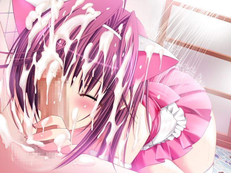 choco chip, amemiya amane, atelier kaguya, katei kyoushi no oneesan, kateikyoushi no onee-san, game cg, 1boy, 1girl, animal ears, blush, cat ears, censored, closed eyes, cosplay, cum, cum on body, cum on hair, facial, hetero, mosaic censoring, oral, penis, purple hair