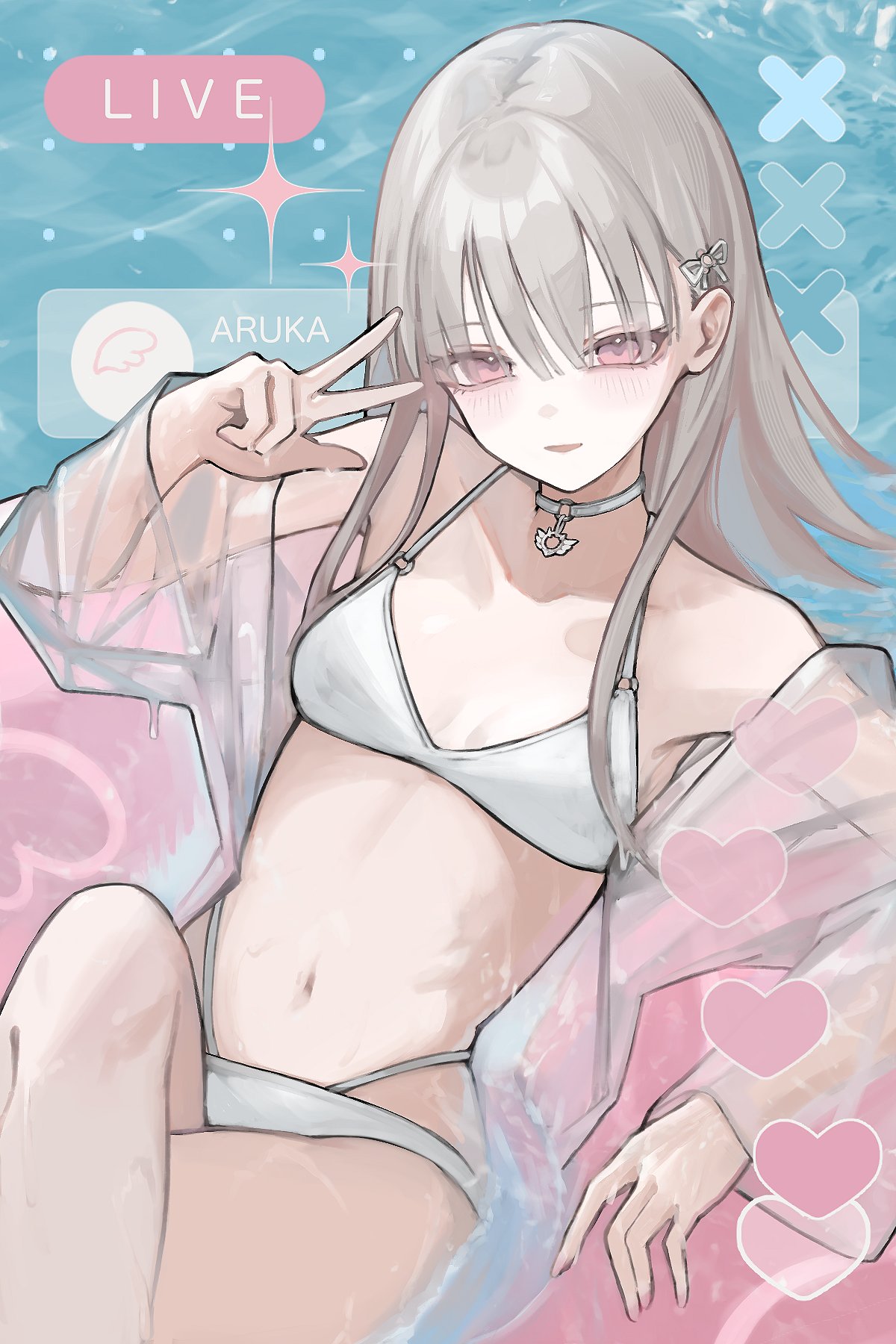 azarasi haru, highres, official art, second-party source, 1girl, arisaka aruka, bikini, breasts, choker, countdown illustration, heart, innertube, jacket, jacket over swimsuit, livestream, long hair, looking at viewer, open mouth, pool, see-through clothes, see-through jacket, small breasts, smile, solo, sparkle, swim ring, swimsuit, varlet, white hair