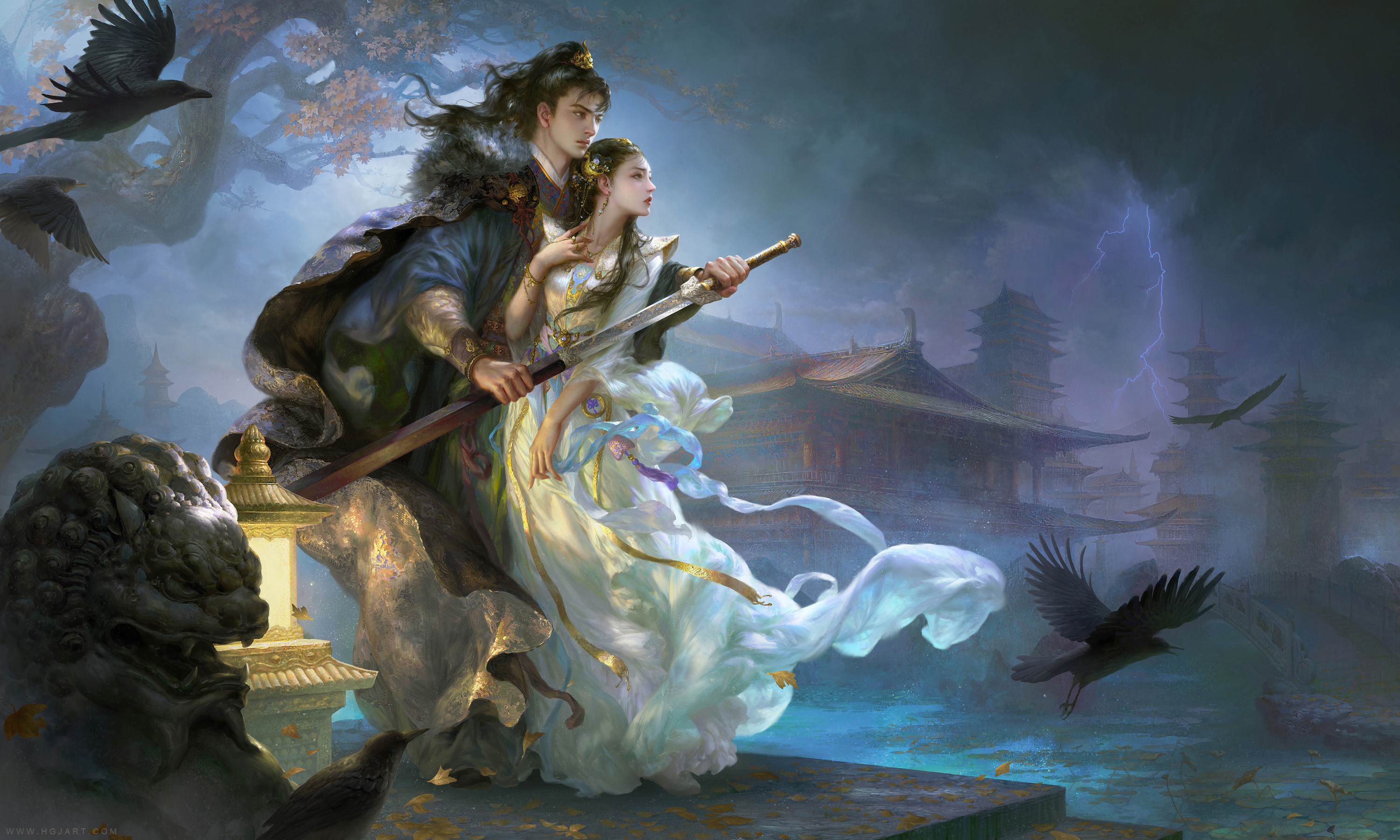 guangjian huang, highres, 1boy, 1girl, bird, building, dress, holding, holding sword, holding weapon, joy of life, lake, leaf, standing, sword, thunder, tree, weapon