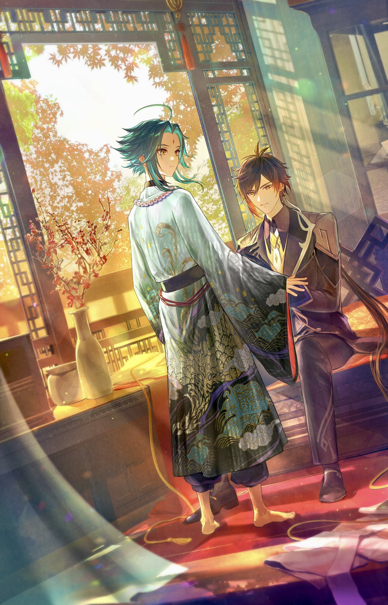 xiao (genshin impact), zhongli (genshin impact), genshin impact, highres, 2boys, multiple boys, oyu2403