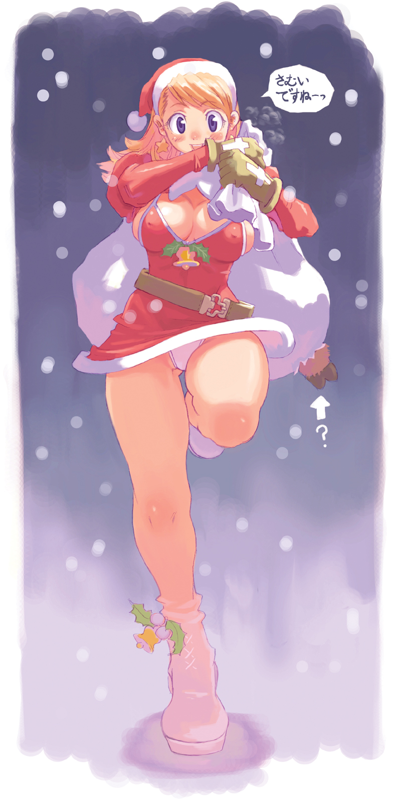 ryoji (nomura ryouji), highres, translated, 1girl, ?, arrow (symbol), bell, belt, blonde hair, blue eyes, blush, breasts, christmas, cleavage, covered erect nipples, curvy, dress, earrings, female focus, gloves, hat, holly, hooves, jewelry, large breasts, leg lift, majima ryoji, panties, pantyshot, red gloves, sack, santa costume, santa hat, snow, snowing, solo, standing, star (symbol), star earrings, thighs, underwear, upskirt, white panties, wide hips